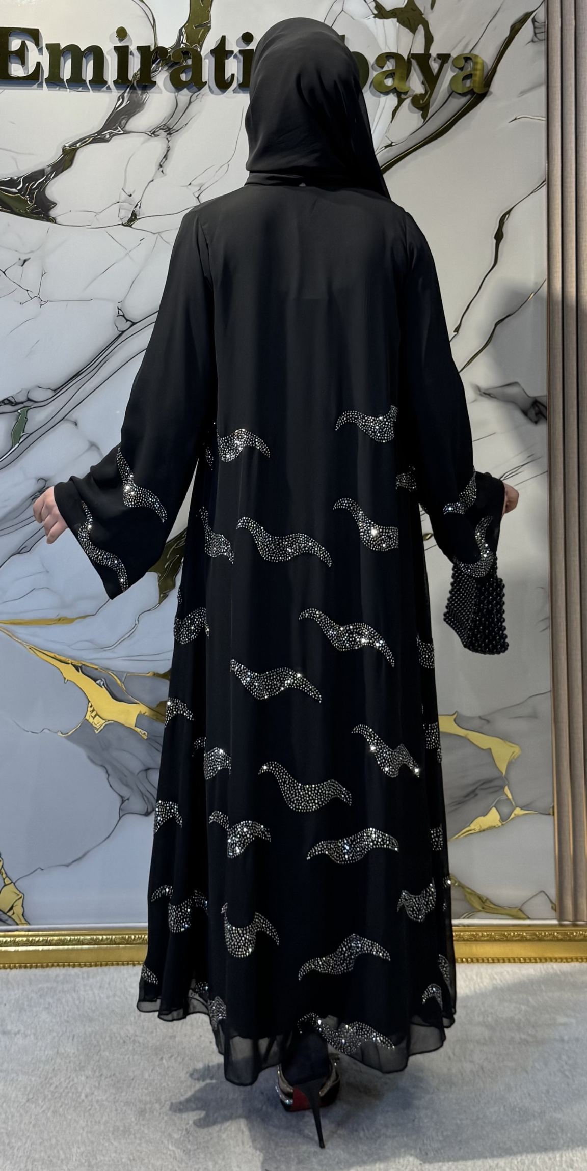 Dalga Desenli Hematit Taş İşlemeli Şifon Abaya | TM39 HSB