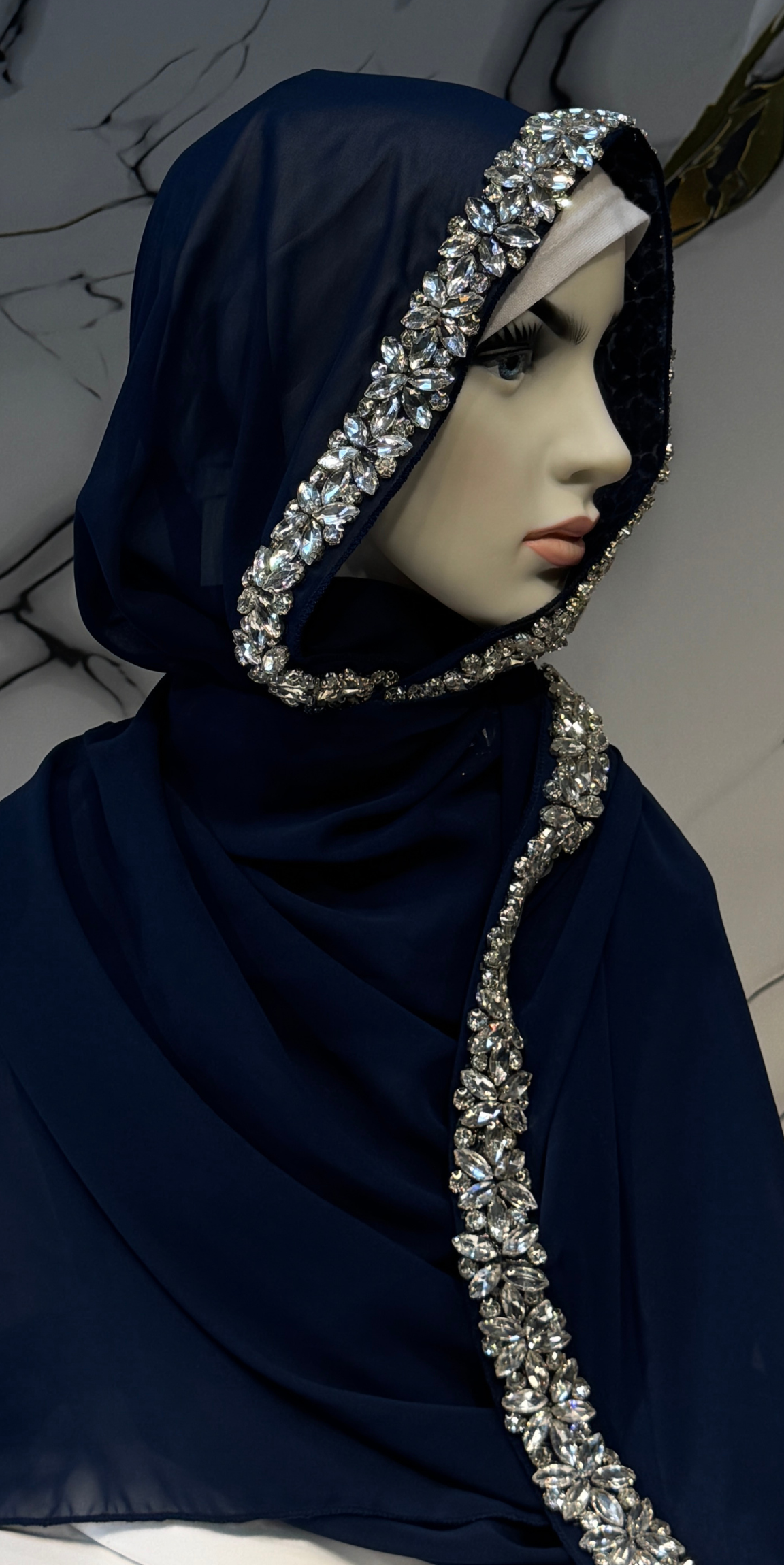 Beyaz Taşlı Lacivert Şifon Şal Emirati Abaya | ŞAL62 WSL