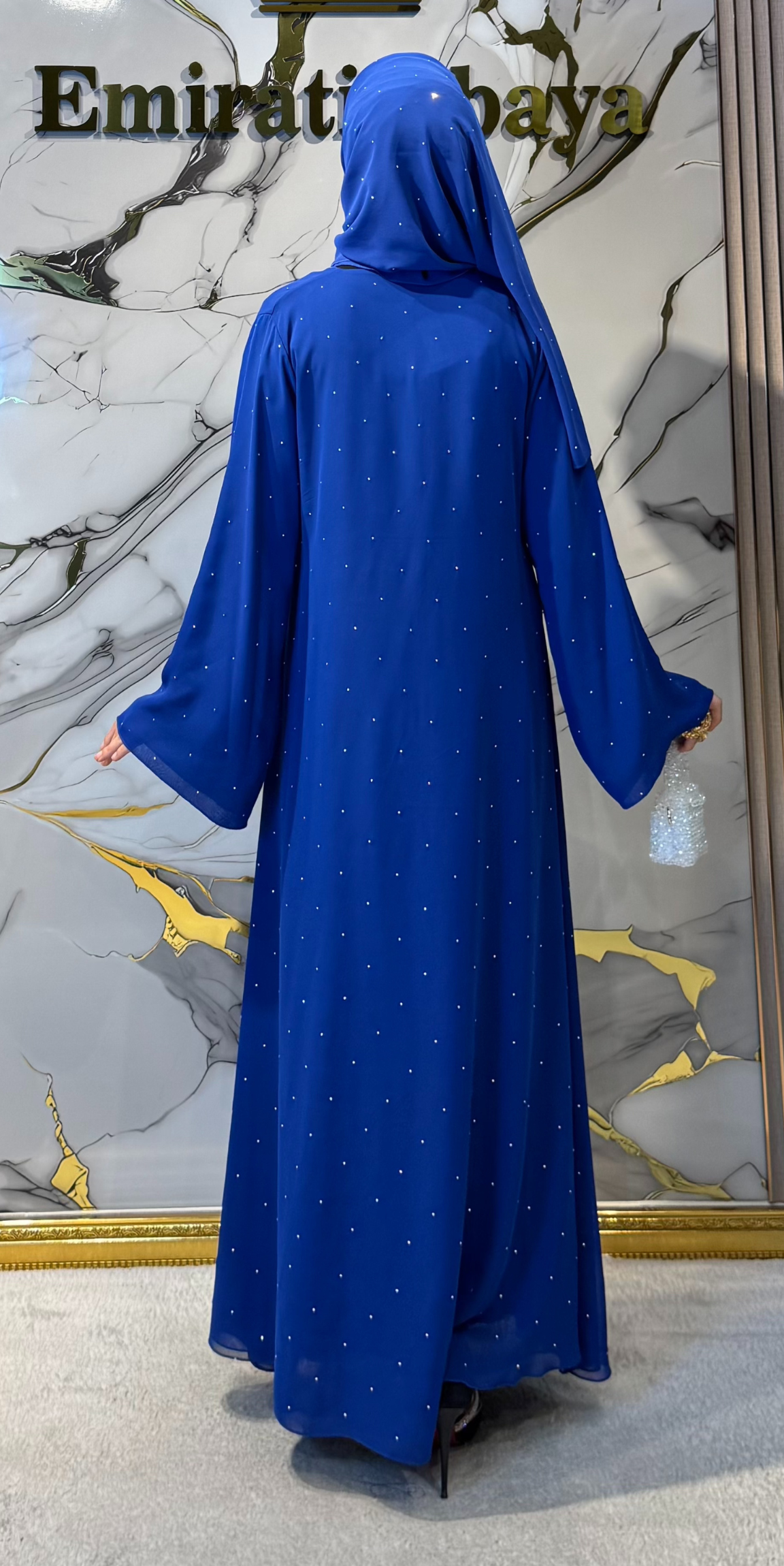 Swarovski Taşlı Şifon Abaya - Kraliyet Mavisi Çıtçıtlı Lüks Model TM063 WSSM