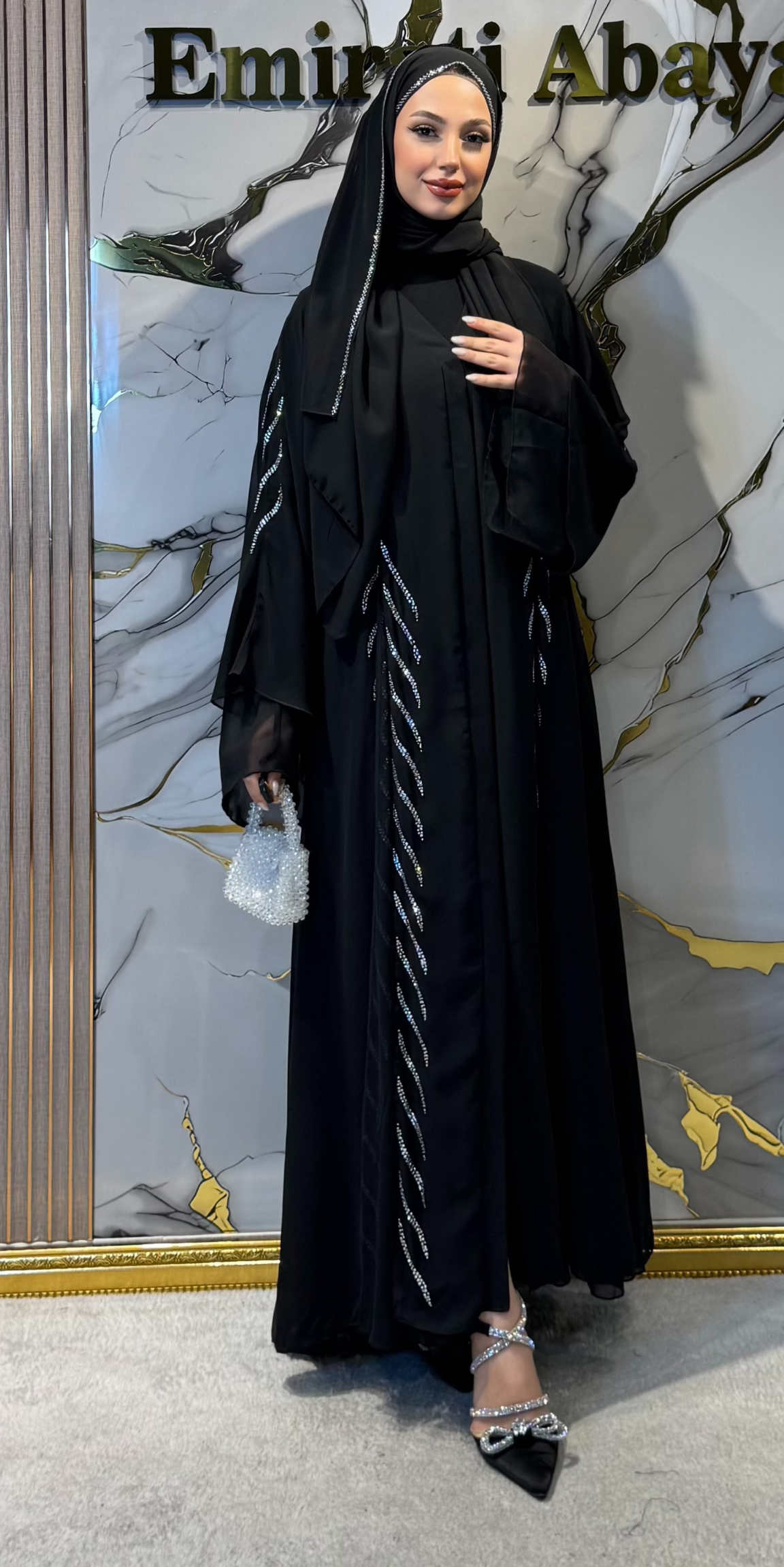 Önü Yırtmaçlı Swarovski Taşlı Siyah Abaya - Şifon Zarif Model TM06 TICK WSB