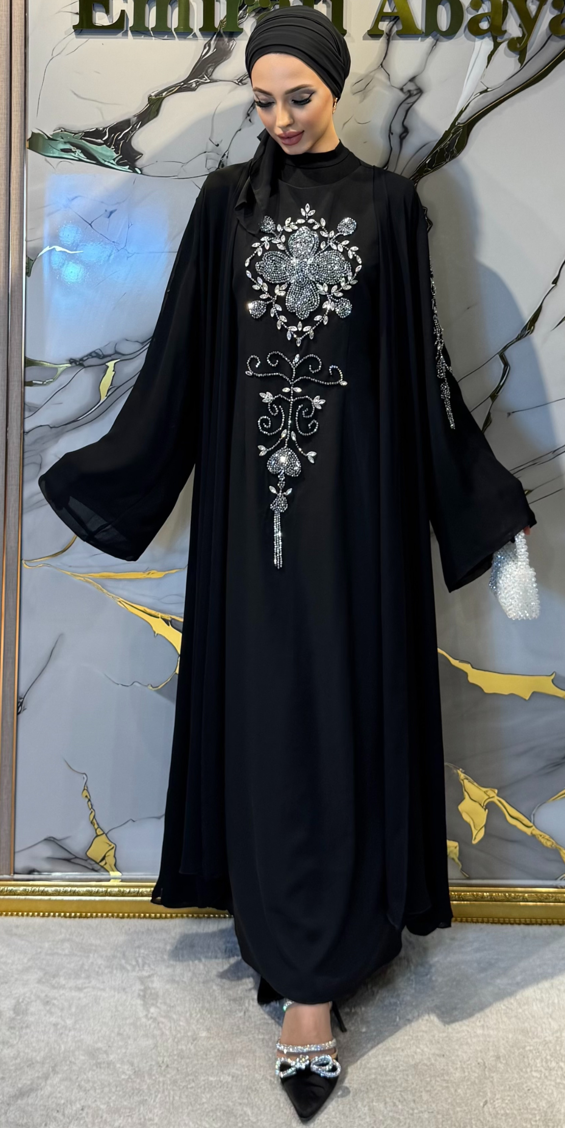 El İşçiliği Swarovski Taşlı Siyah Kore Şifon Dubai Tasarım Abaya | EF006 WSB