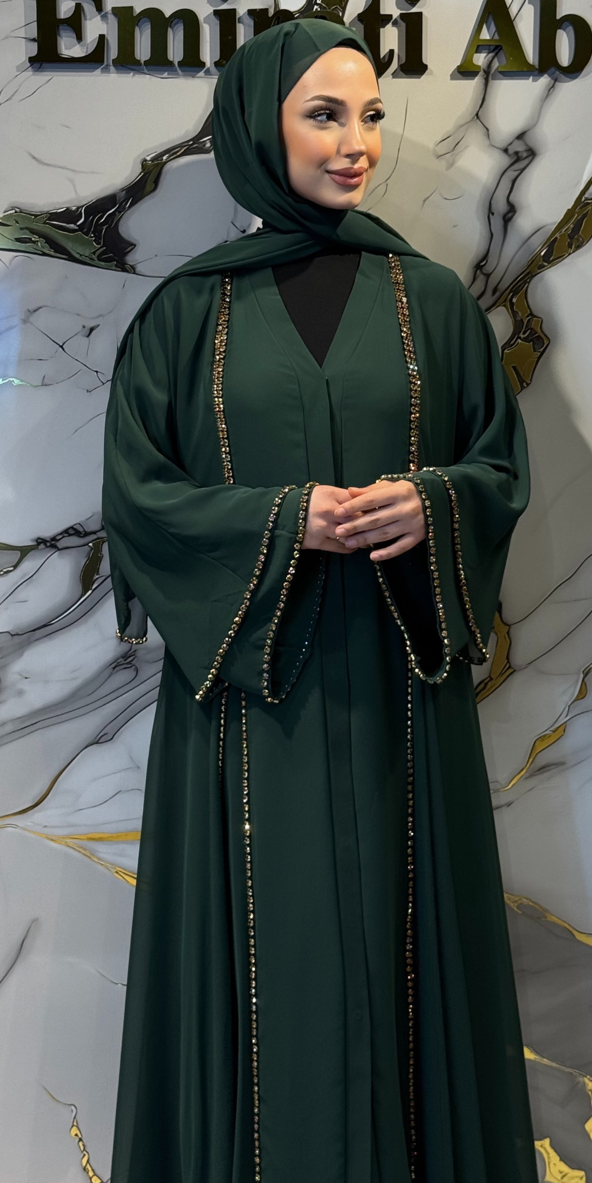 Önü Yırtmaçlı Gold Taşlı Şifon Yeşil Abaya - Zarif Lüks Model TM06 C GS GREEN