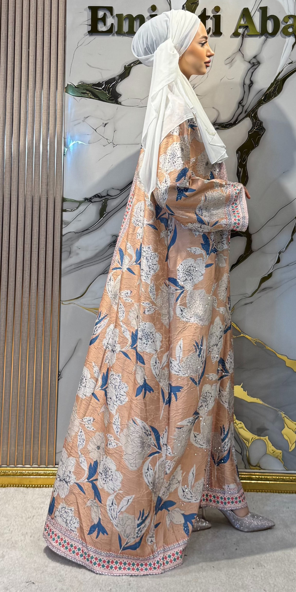 Çiçek Baskılı Turuncu Jakar Günlük Abaya | KSA05 ORANGE