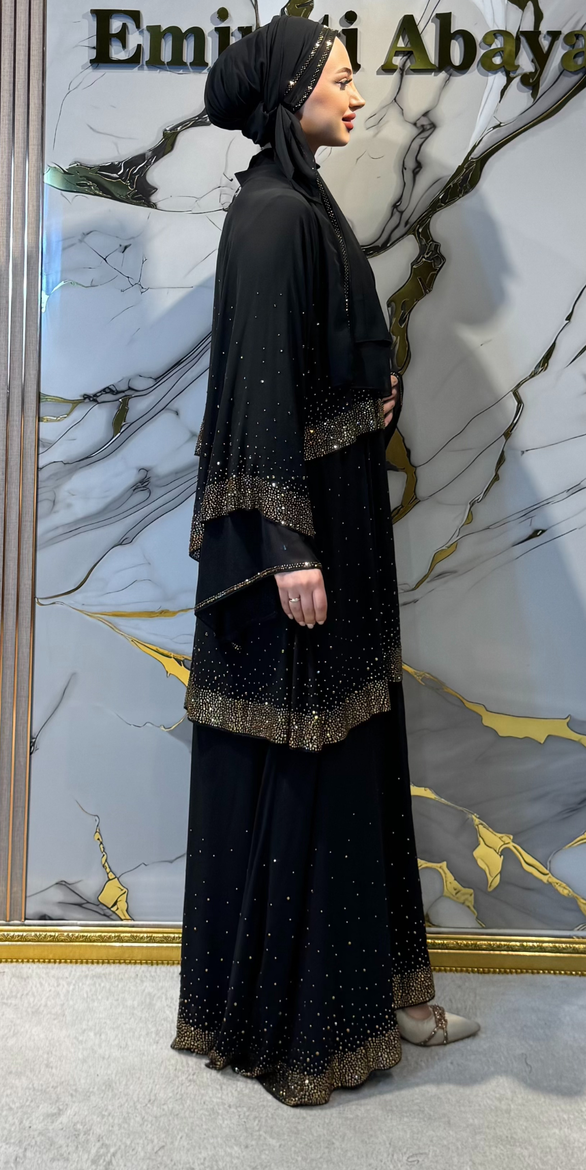 Gold Taşlı Katmanlı Siyah Şık Abaya TM34 GSB