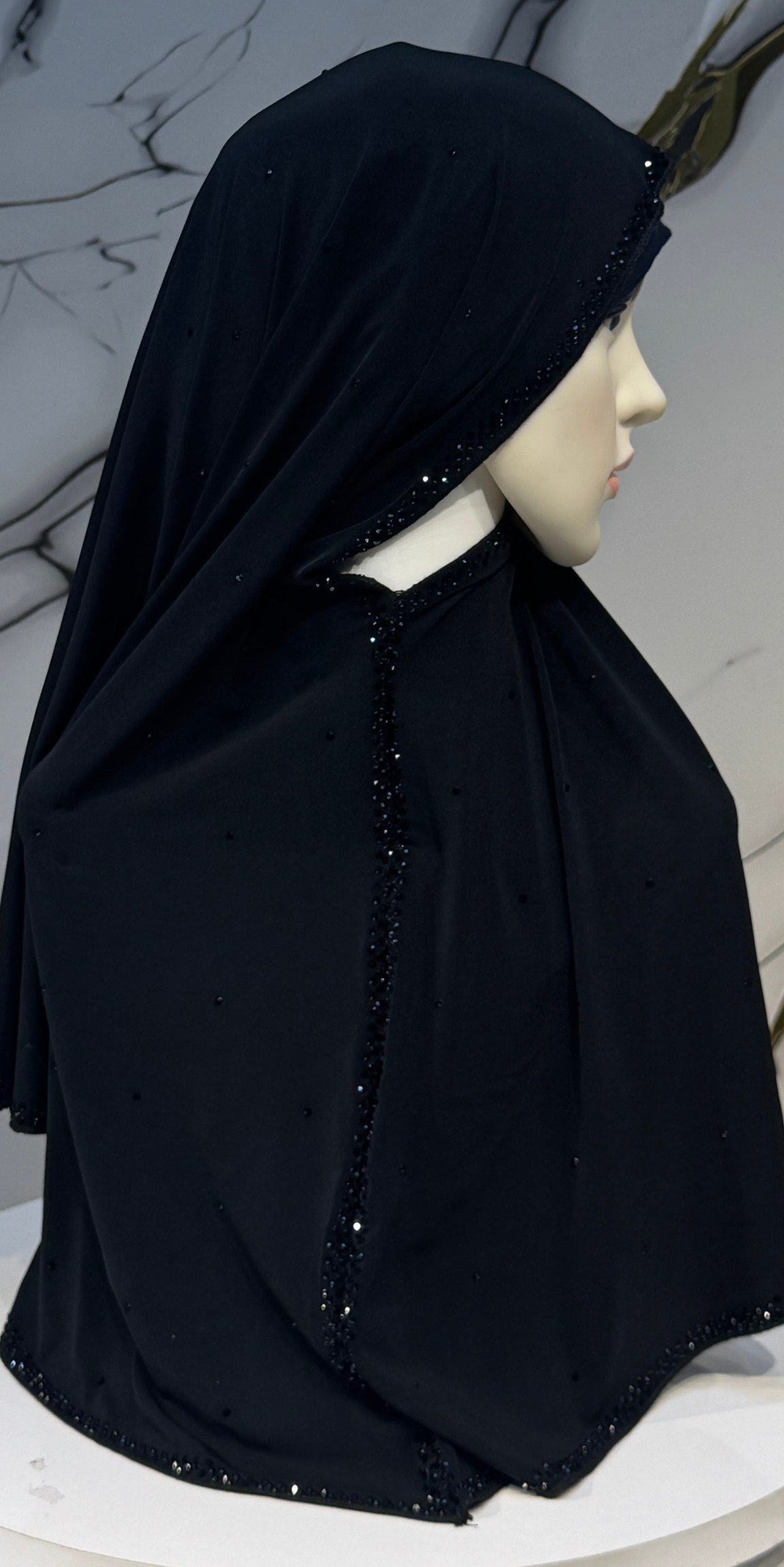 Siyah Taşlı Yüz Örtülü Siyah Dubai Şal Emirati Abaya | SAL69 BSB