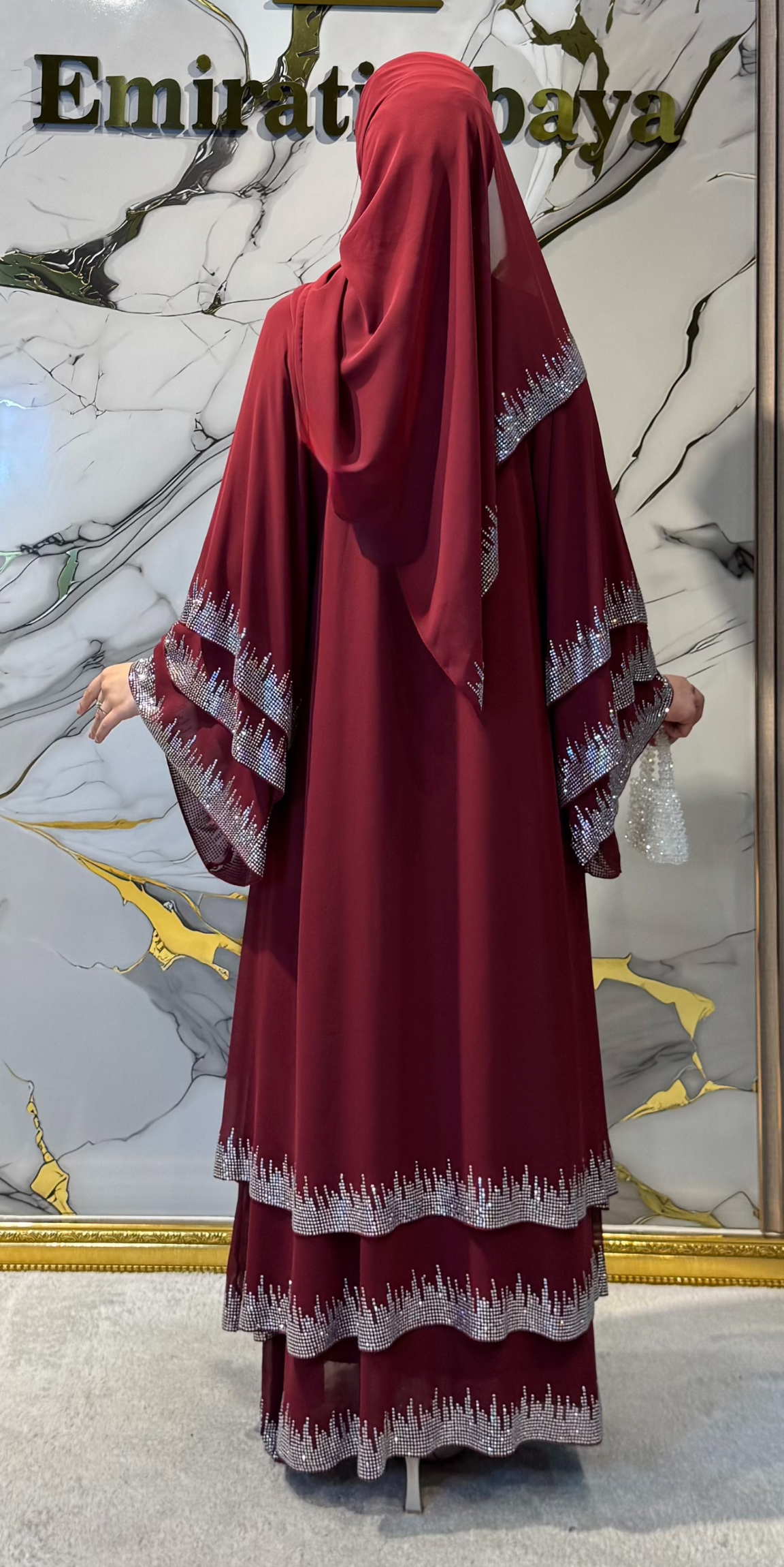 Üç Katlı Gümüş Taşlı Bordo Şifon Abaya Şal Dahi | TM22 WS BORDO