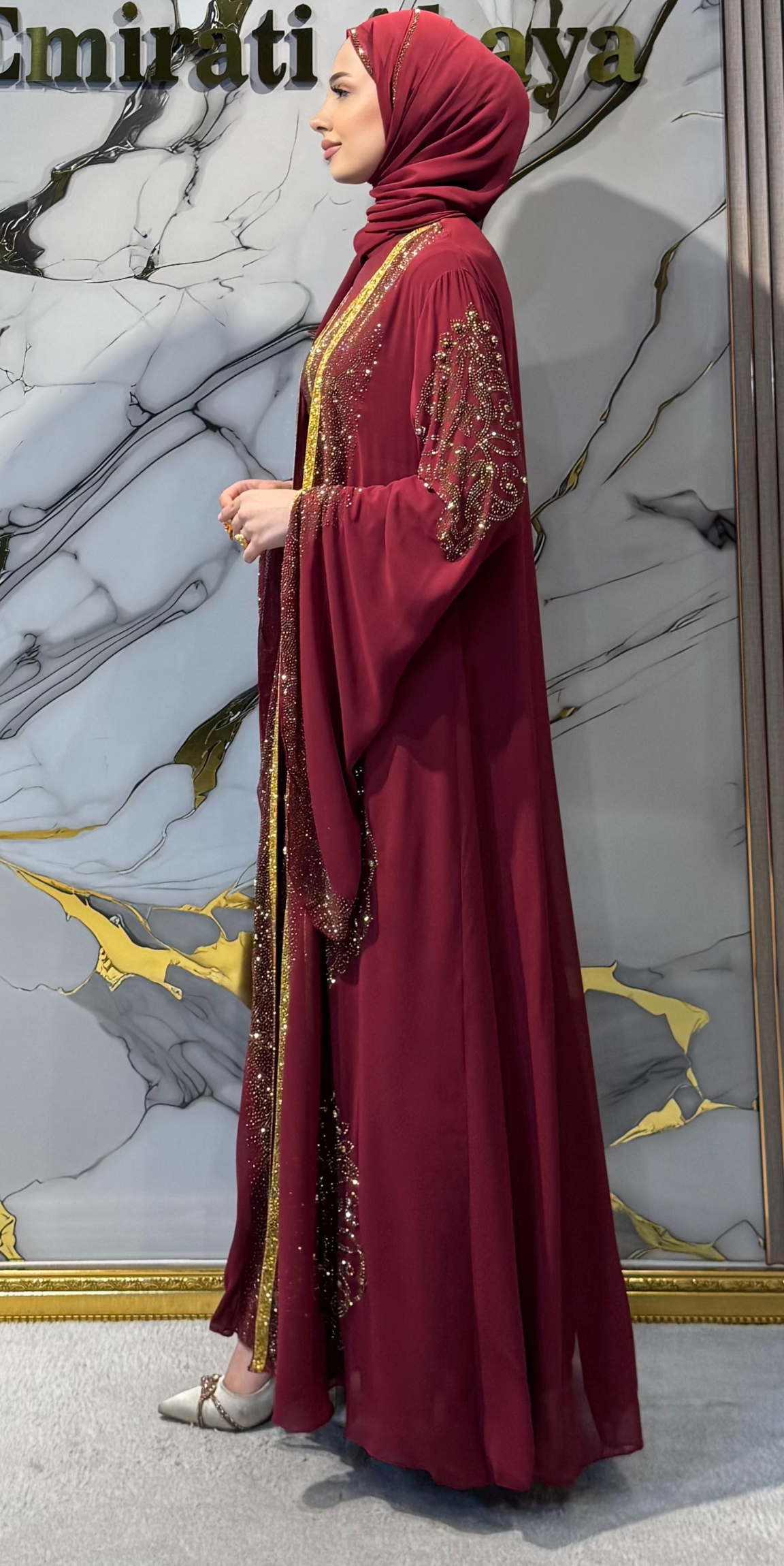 Premium Bordo Yöresel Abaya Takımı WS57 GS BORDO - 4 Parça Lüks Set (Altın Taşlı Kemer, Şal ve Sandy İçlik Dahil)