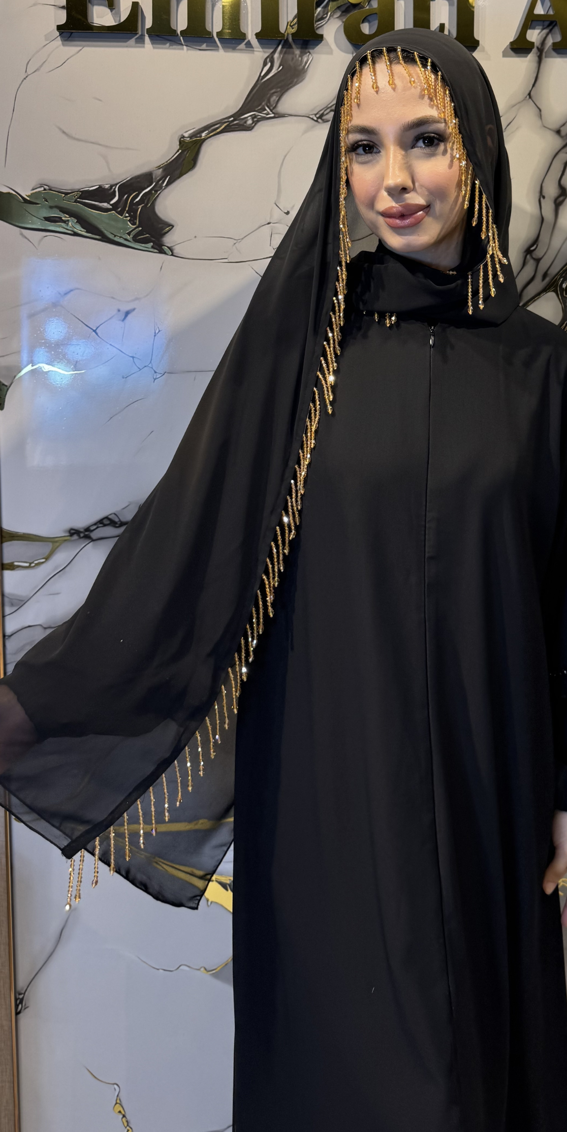 Siyah Kore Şifon Altın Taşlı Şal 180x75cm SAL18 BSB - Premium Zarif Model