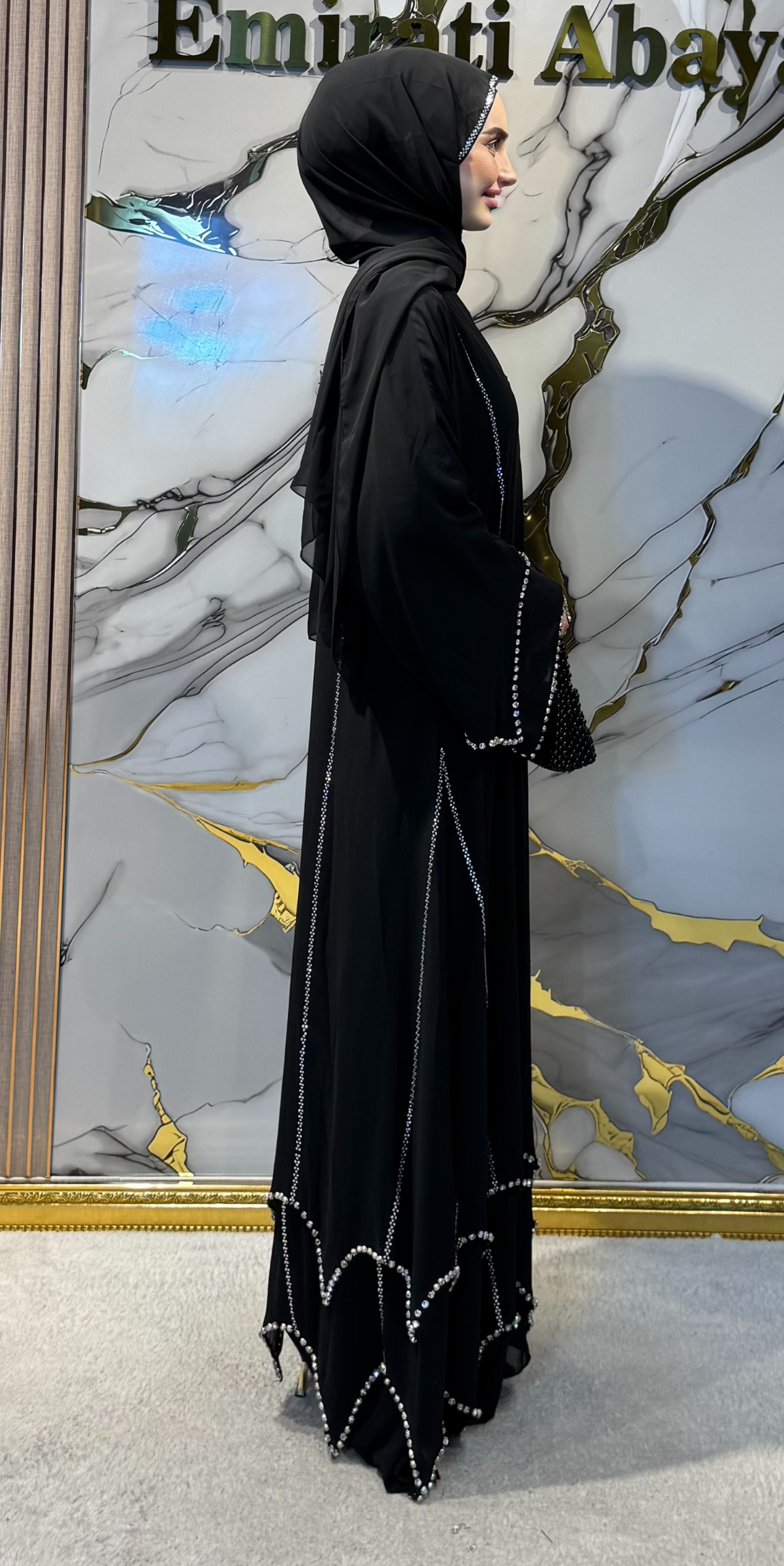 Kristal Taşlı Siyah Zikzak Şifon Abaya - Swarovski Gümüş Şeritli Model TM24 CWSB