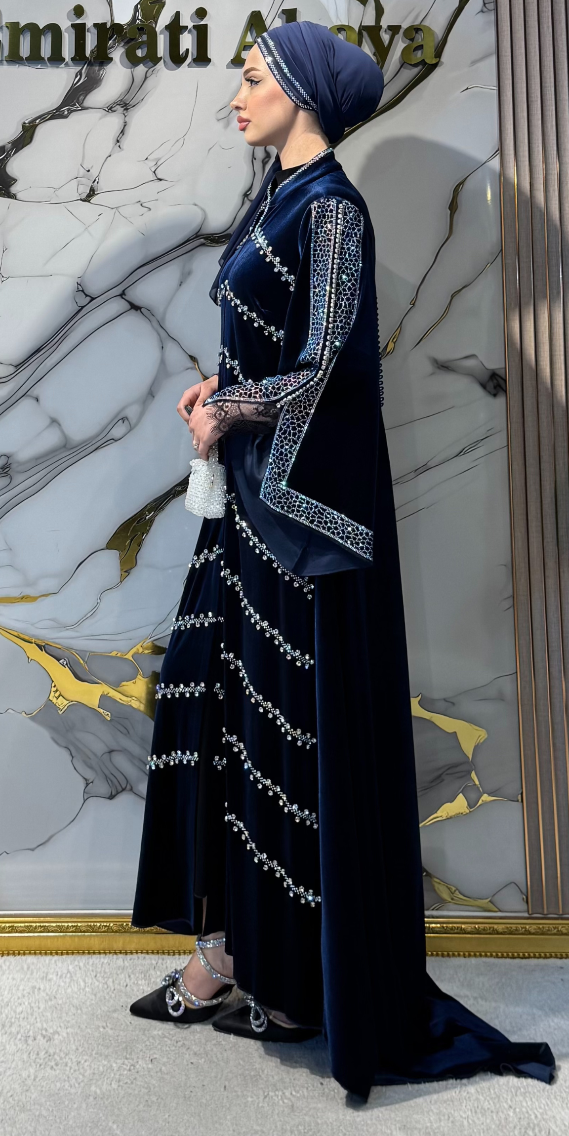 Blue Evening Dress with Swarovski Crystal Embellished Sleeves, Slit Back, and Train - Elegant Luxury Model WS15 JSVL
