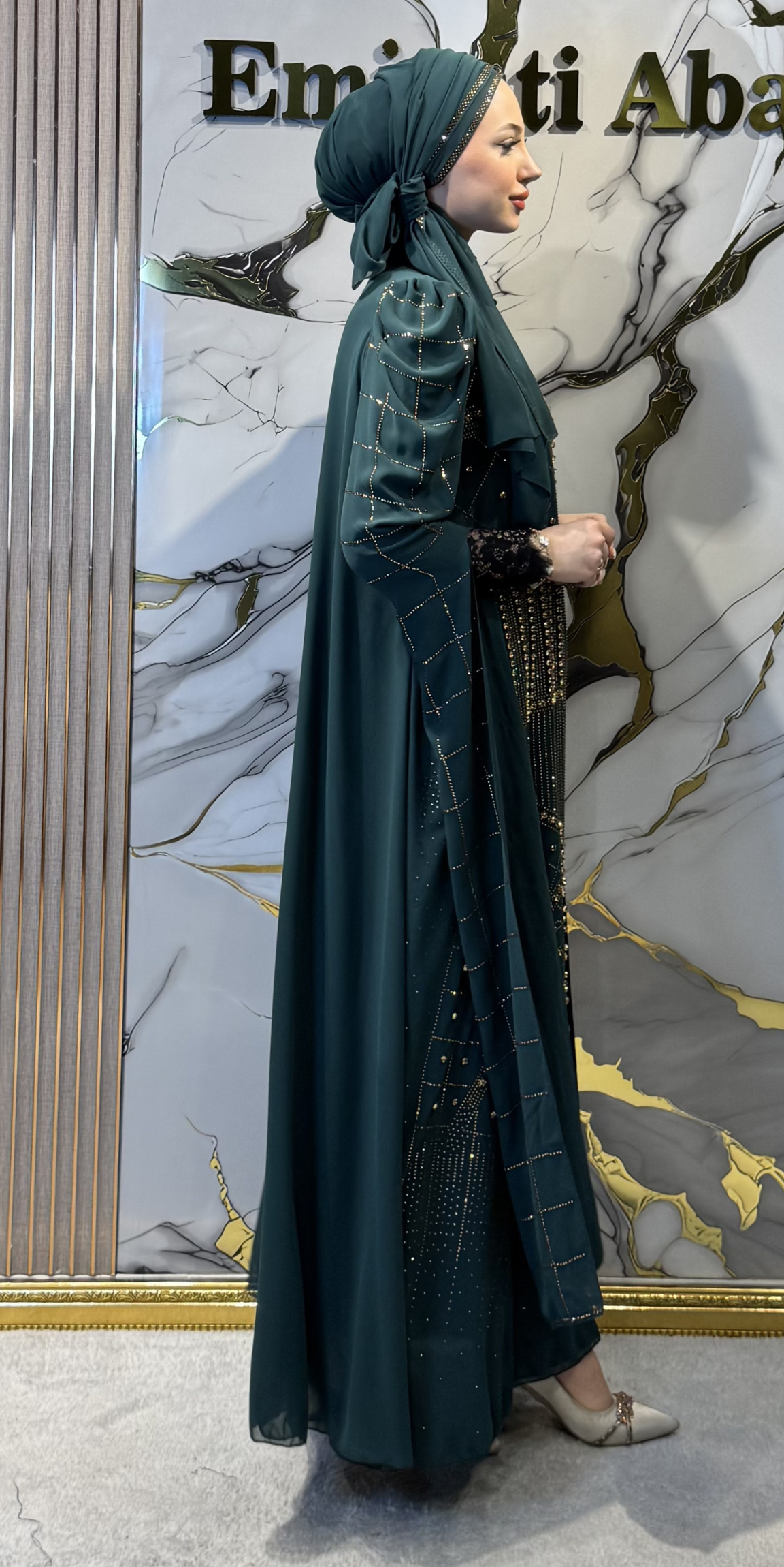Gold Taşlı Geometrik Desenli Yeşil Şifon Abaya Şal Dahil | TM83 GSG