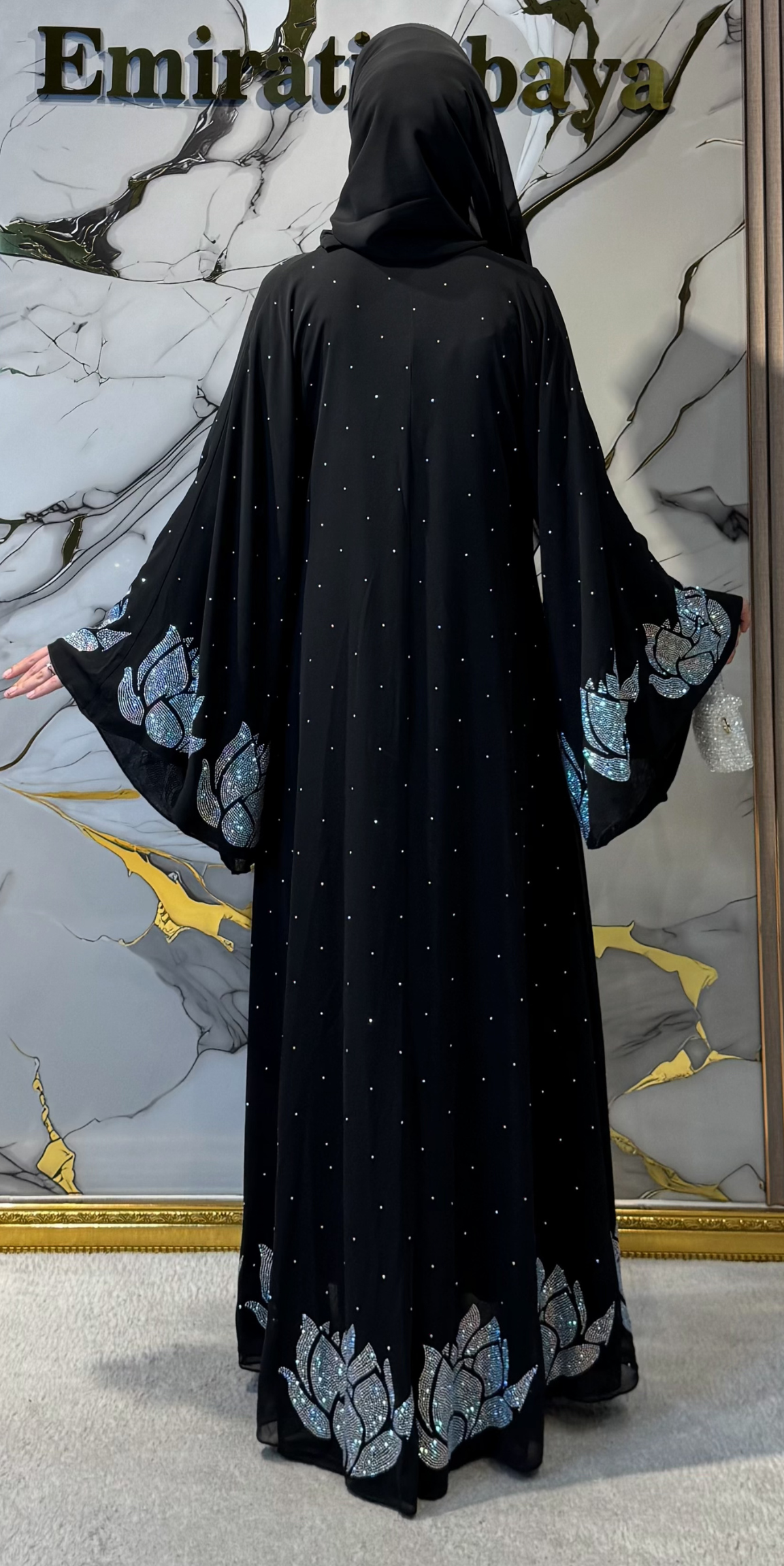 JanJan Taşlı Detaylı Siyah Şık Abaya - Lotus Desenli Zarif Model TM025 JSB