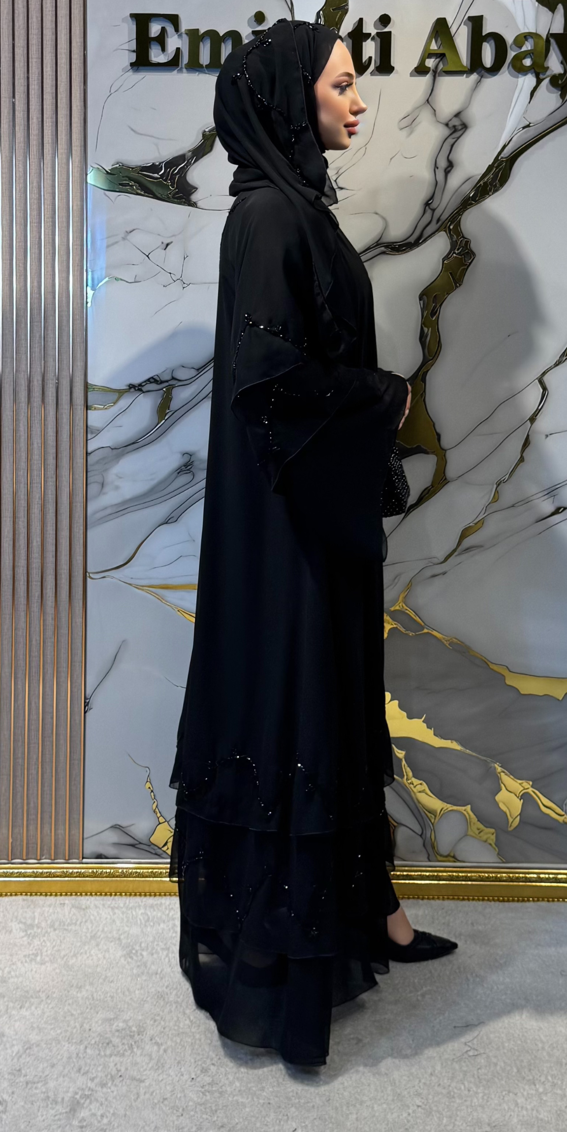 El İşlemesi Siyah Taşlı Premium Şifon Abaya M1 BSB - Lüks Gece Abayası