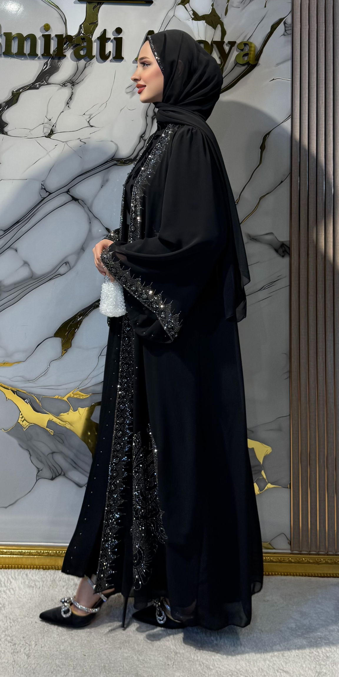 Black Traditional Suit with Hematite Stone and Flock Print | LY43 HSB