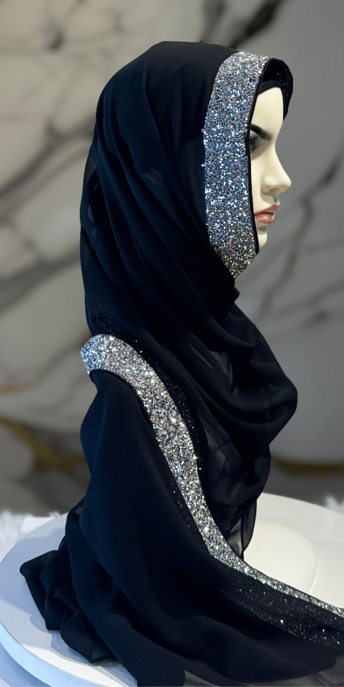 Front Crystal Embellished Chiffon Scarf 180x75cm - Elegant Edge Detail Model
