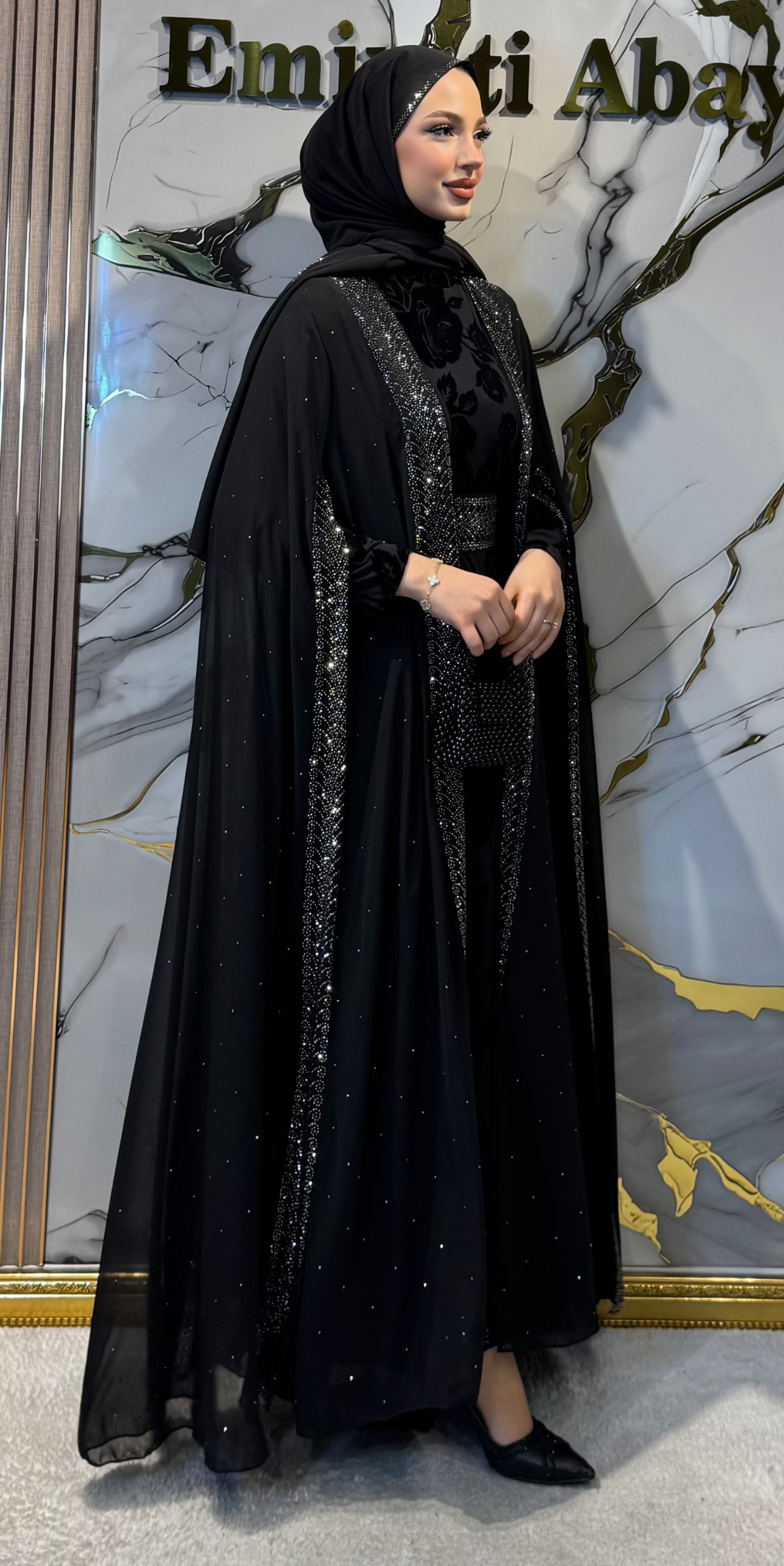 Gümüş Taşlı Flok Baskılı Siyah Yöresel Takım | LY17 HSB