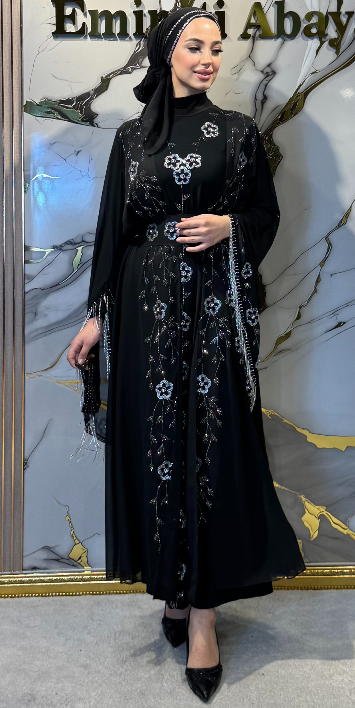 Beyaz Swarovski Taşlı Kore Şifon Dubai Stil Yöresel Abaya