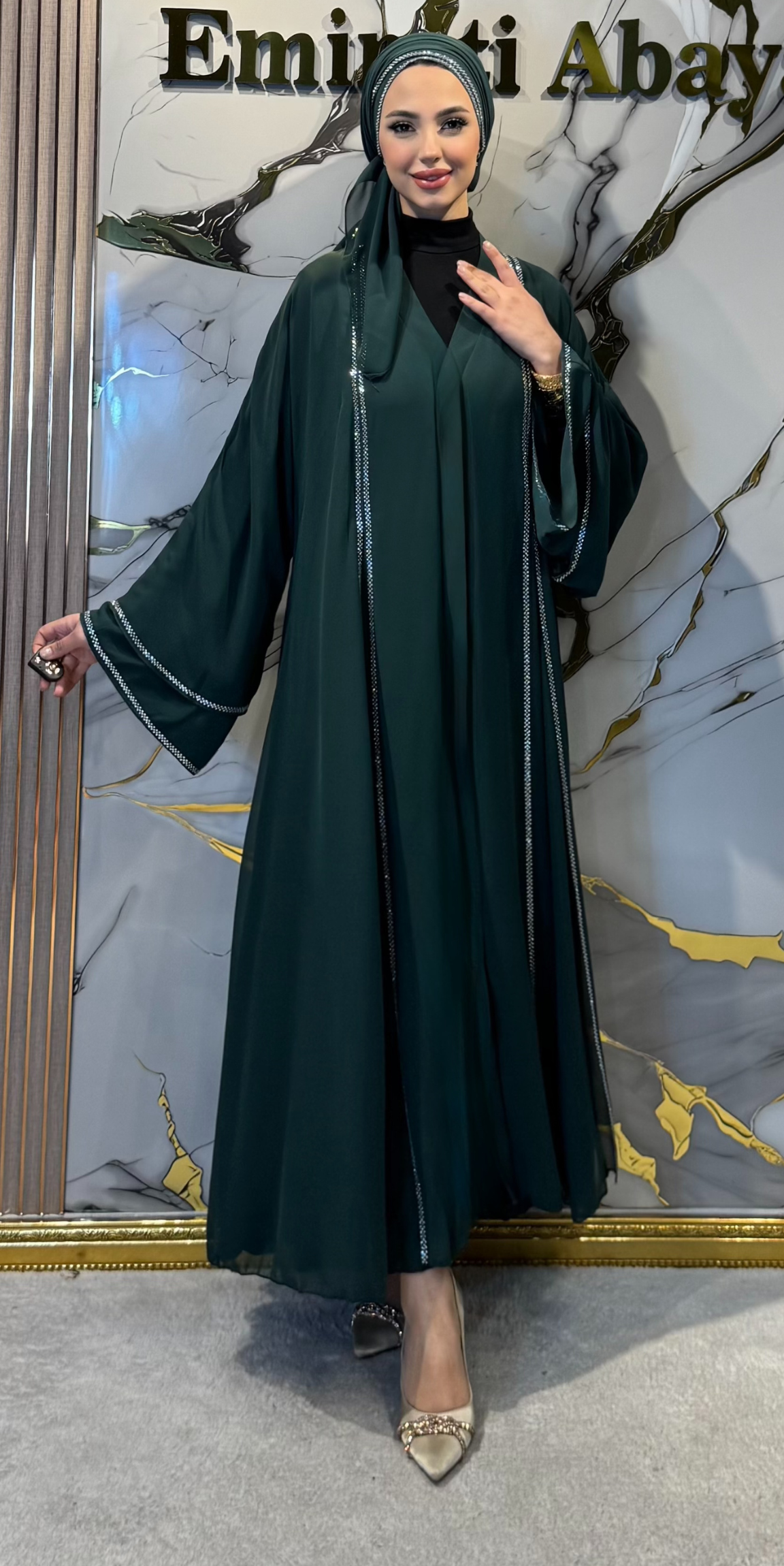 Front Slit Abaya with Swarovski Crystals Green TM06 WS Green