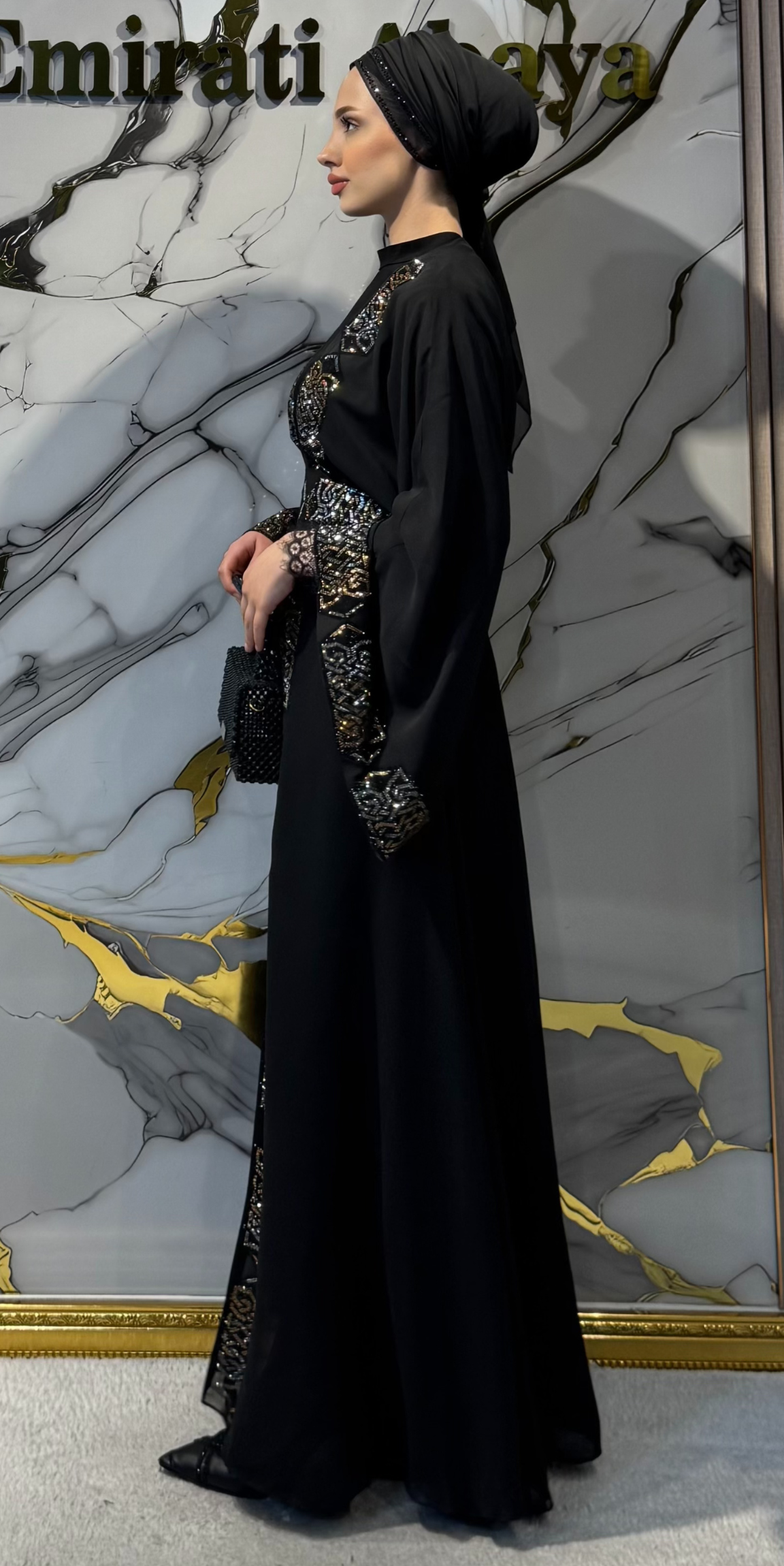 Elegant Black Abaya with Gold Stones on the Front TM040 - 3-Piece Set (Includes Shawl and Undershirt)