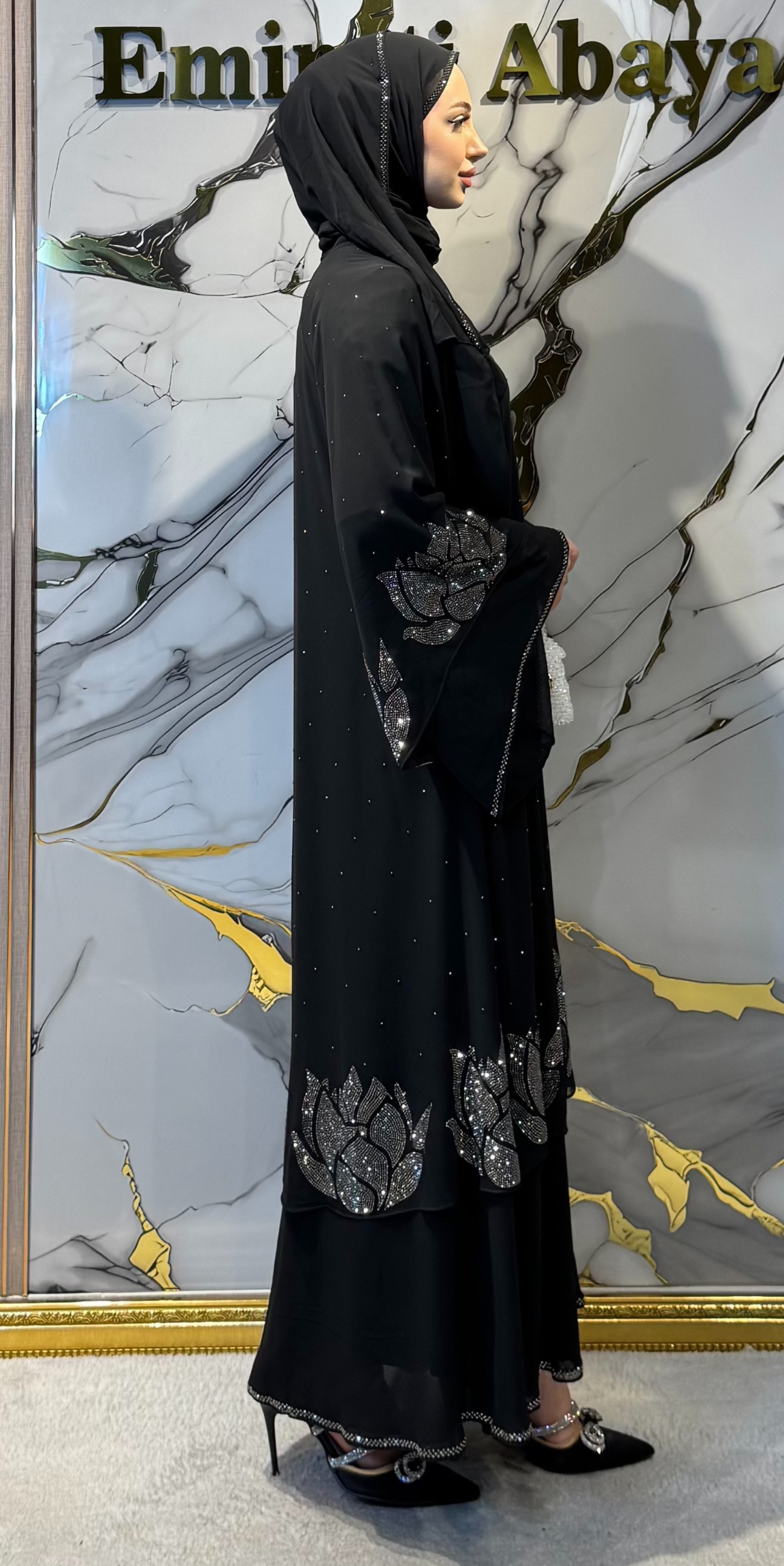Hematit Taşlı Çiçek Motifli Siyah 2 Katlı Şifon Abaya | LY25 HSB