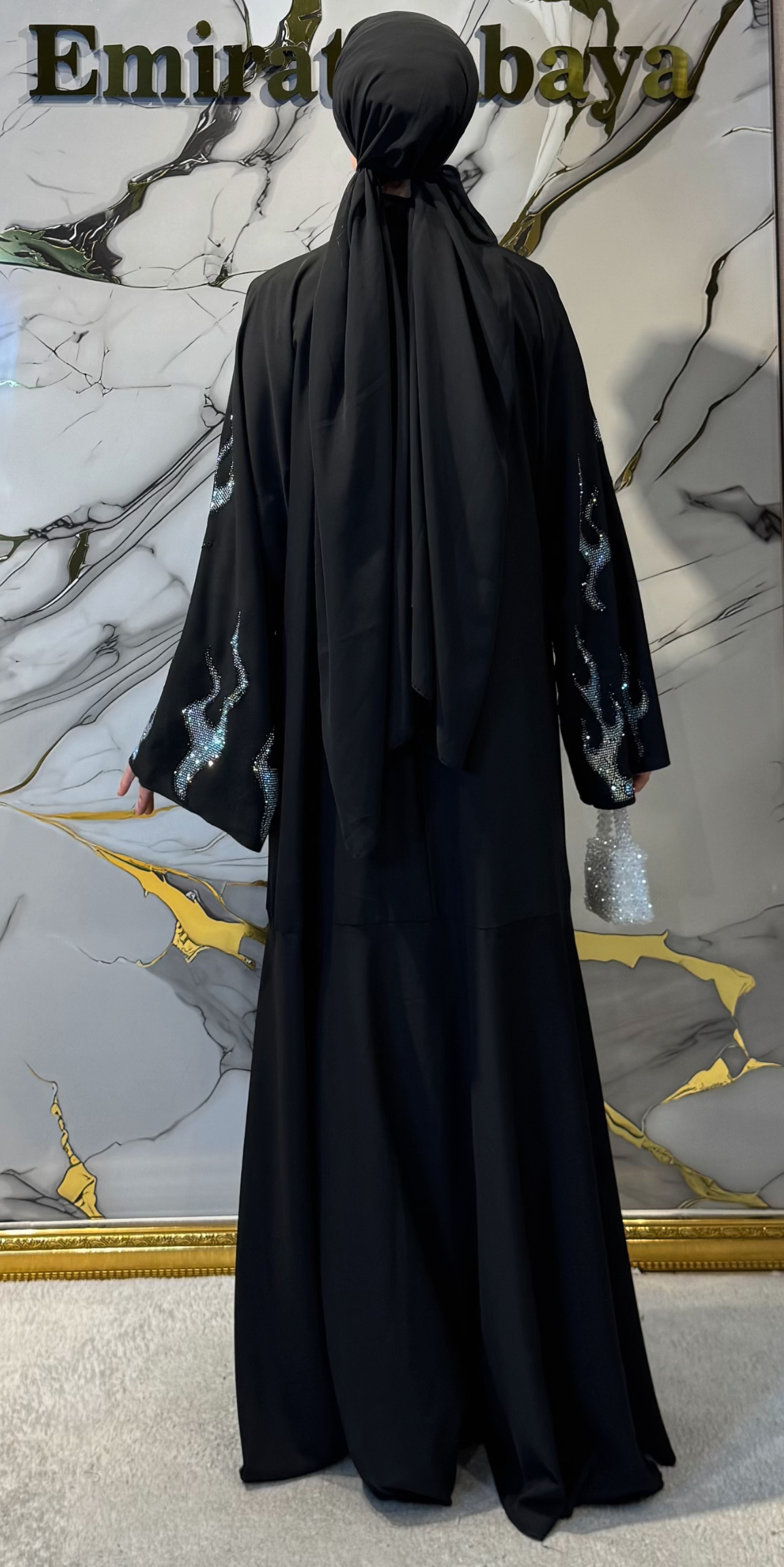 Lüks Ateş Desenli Janjan Taşlı Siyah Dubai Kumaş Abaya | TM0103 JSB