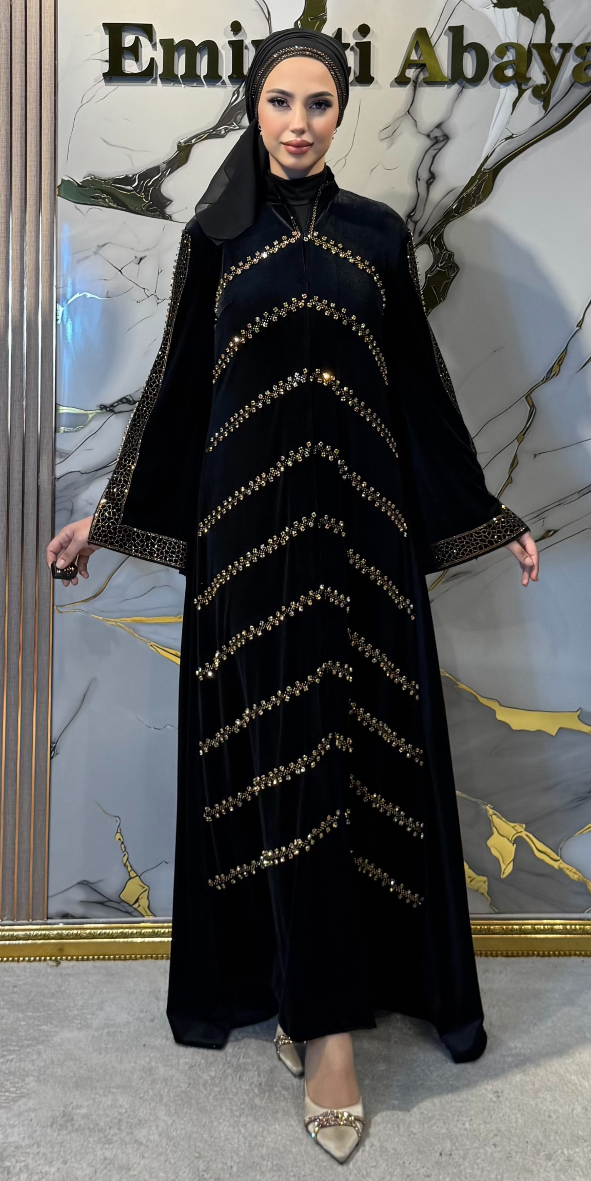 Black Velvet Dubai Style Evening Gown with Gold Swarovski and Faux Stones | WS15 GSVB