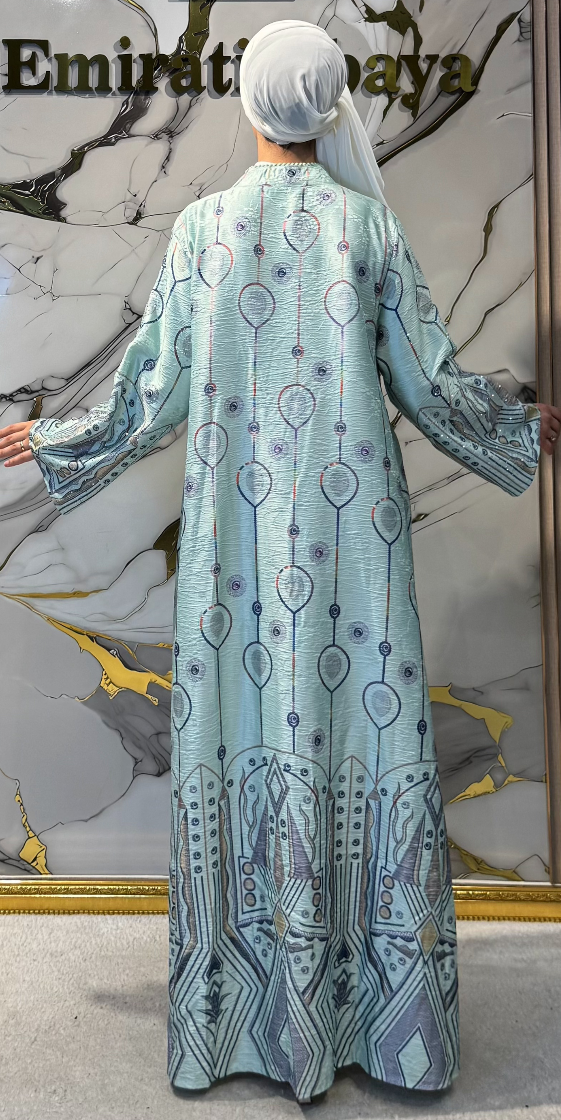 Geometrik Baskılı Mint Yeşili Jakar Günlük Abaya | KSA12 YEŞIL