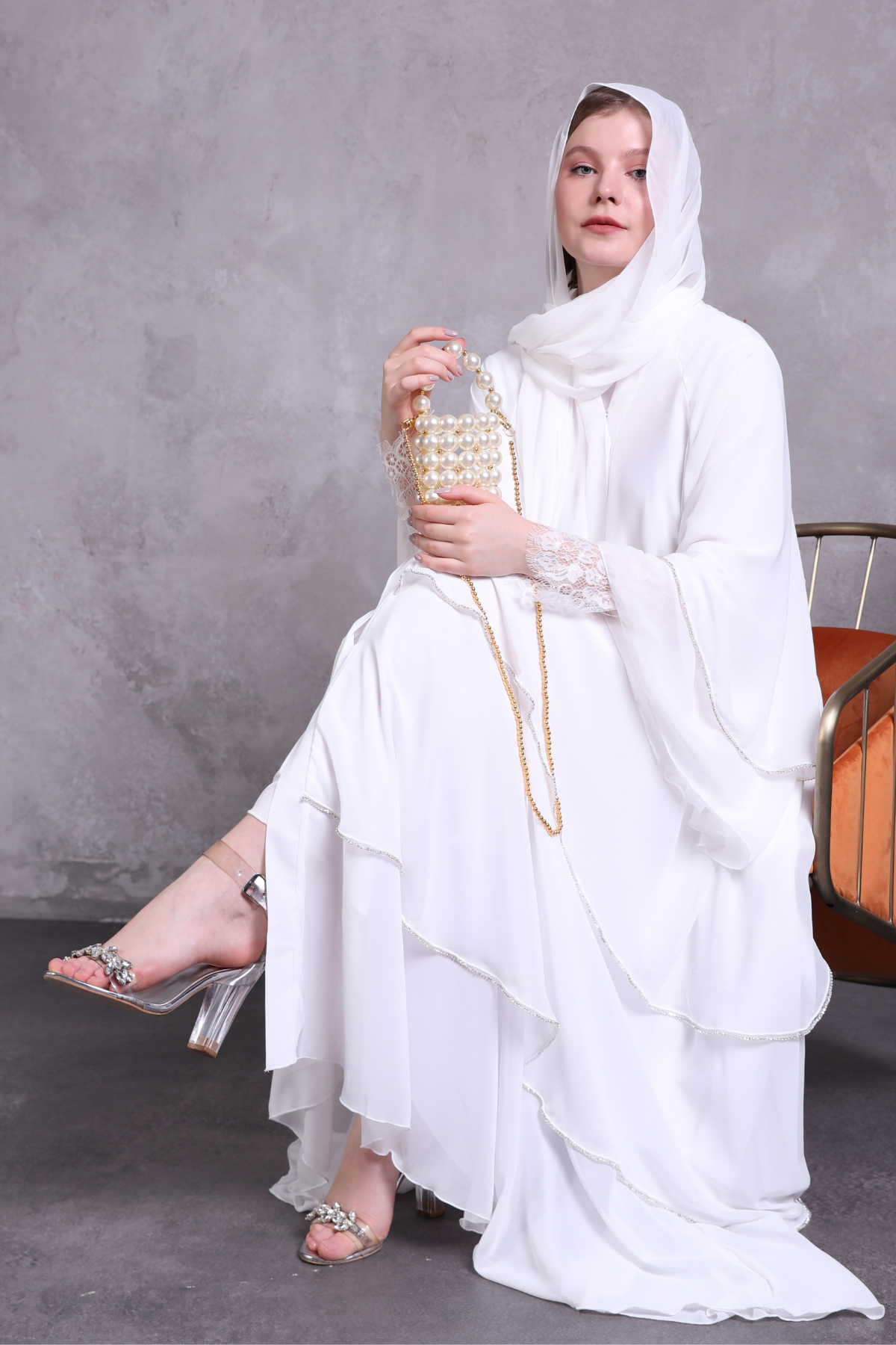 Snowflake Elegance Chiffon Abaya: A Three-Layered White Beauty Adorned with Swarovski