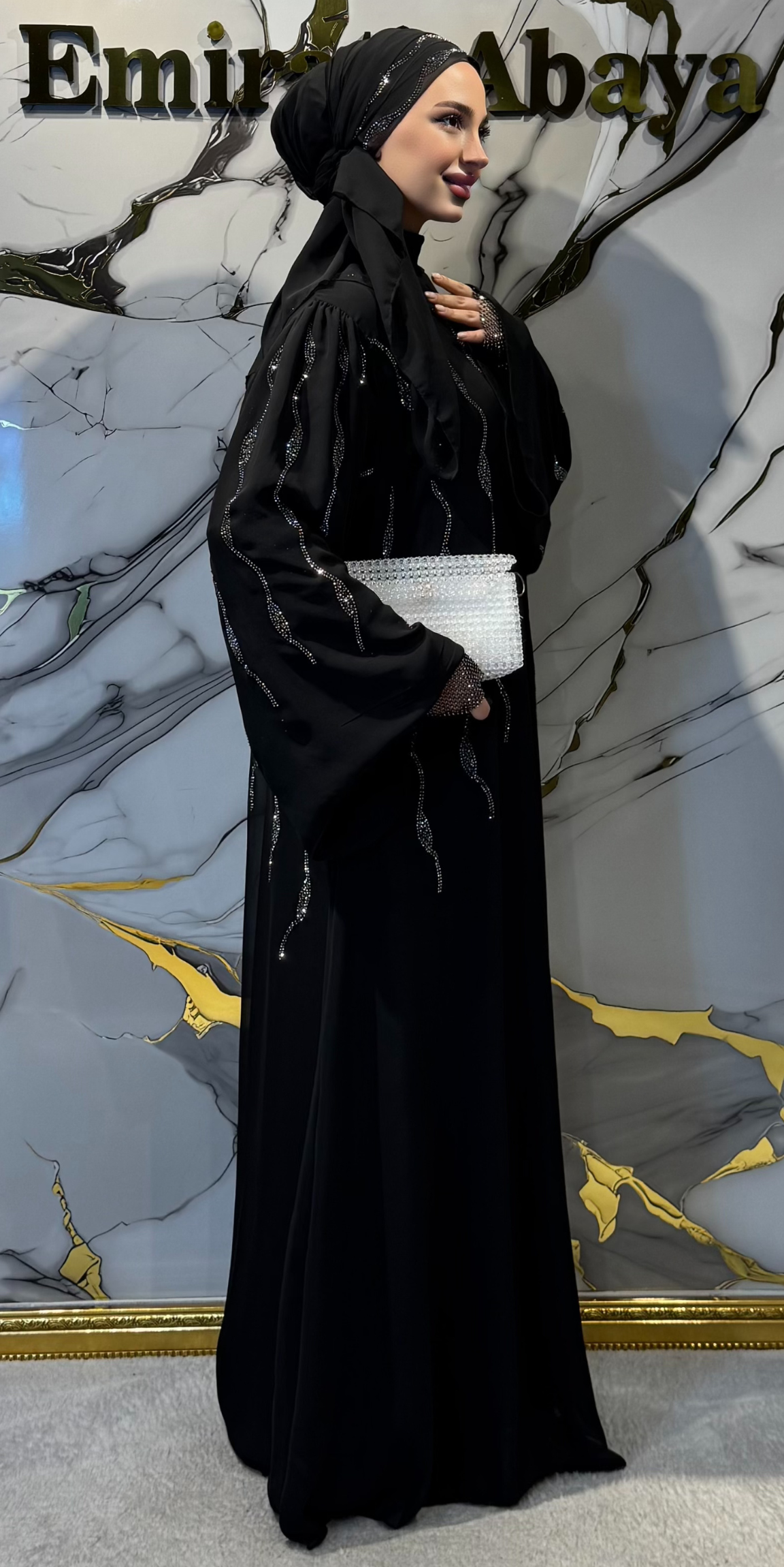 Luxury Tree Root Patterned Black Chiffon Abaya with Hematite Stones