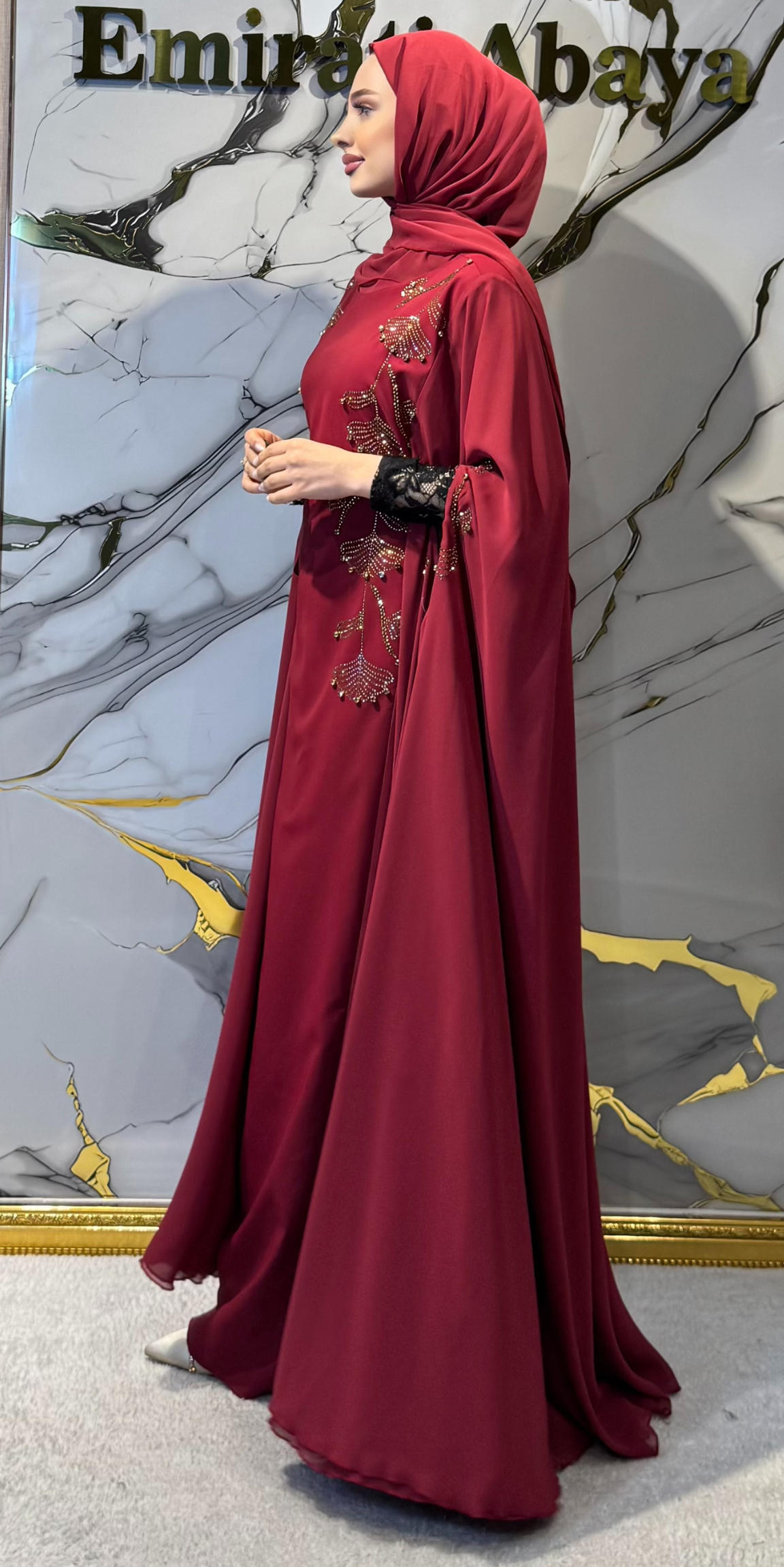 Taşlı Çiçek Desenli Bordo Kaftan - Zarif Şık Model WS02 BORDO