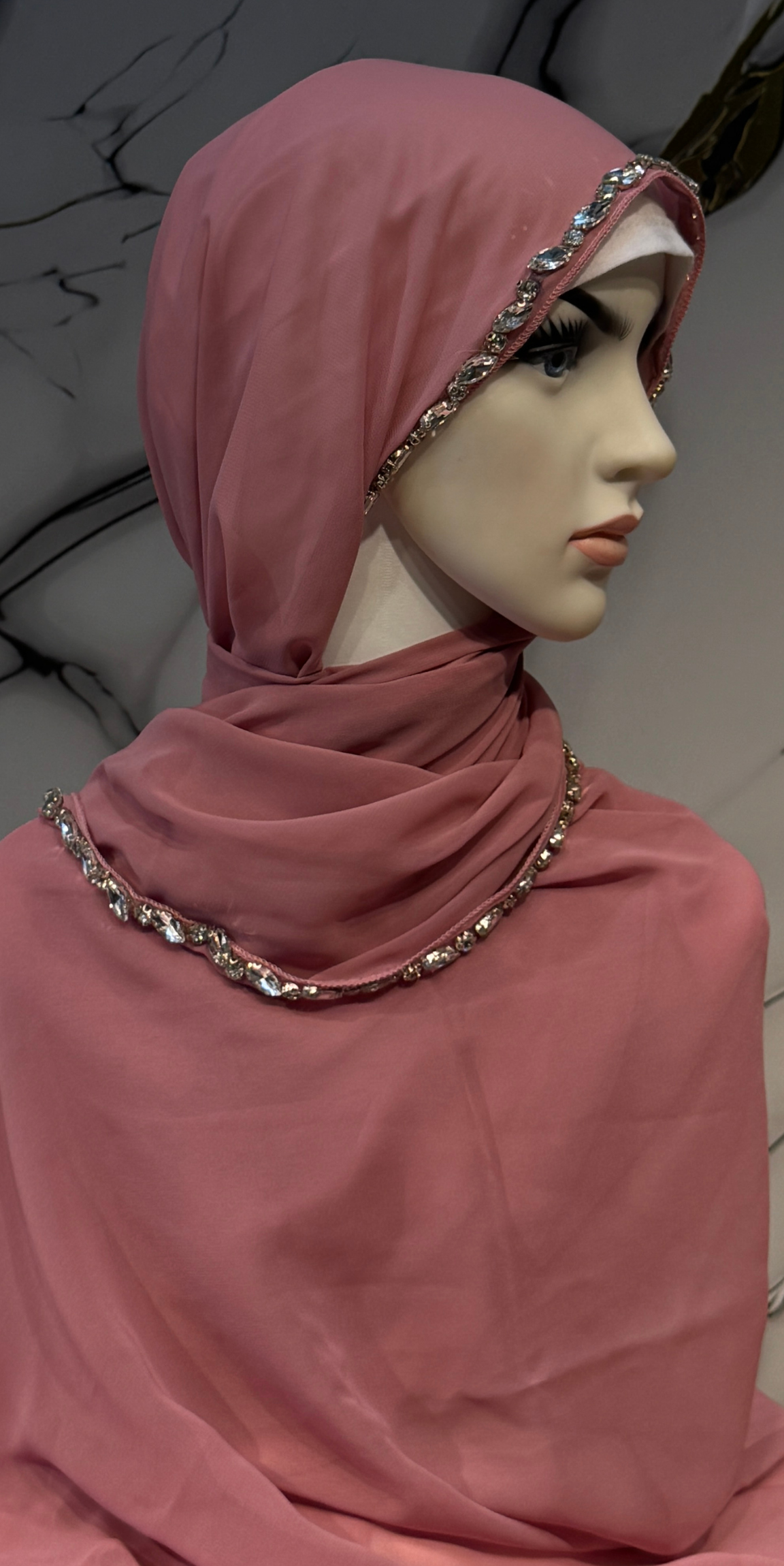 Beyaz Taşlı Pembe Şifon Şal Emirati Abaya | ŞAL56 WSP