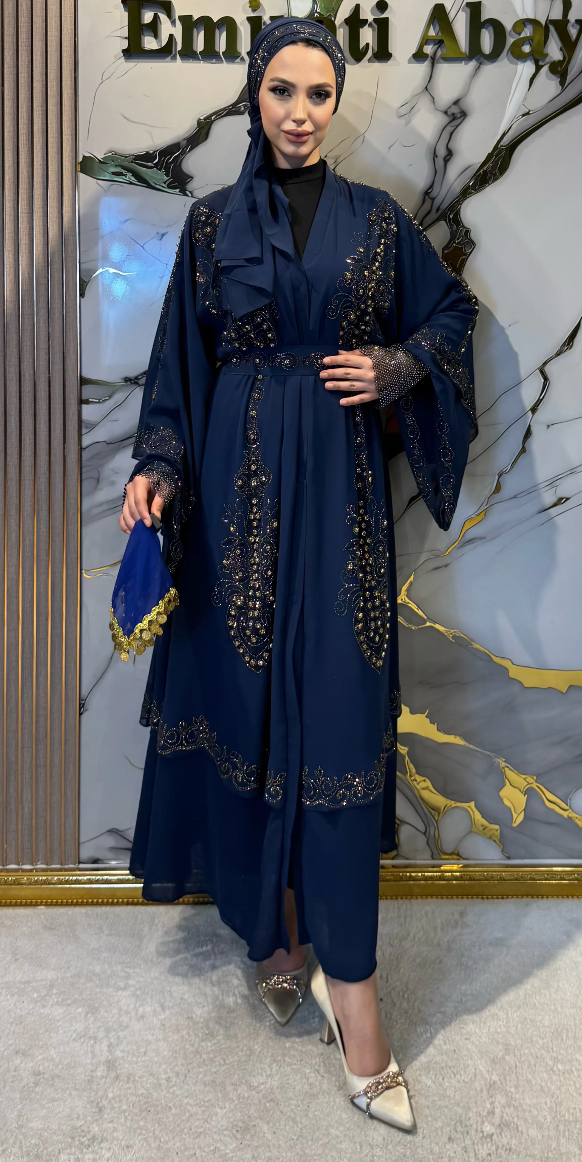 Çift Katlı Altın Taşlı Lacivert Şifon Abaya LY14 GSL - Taşlı Kemer ve Şal Dahil