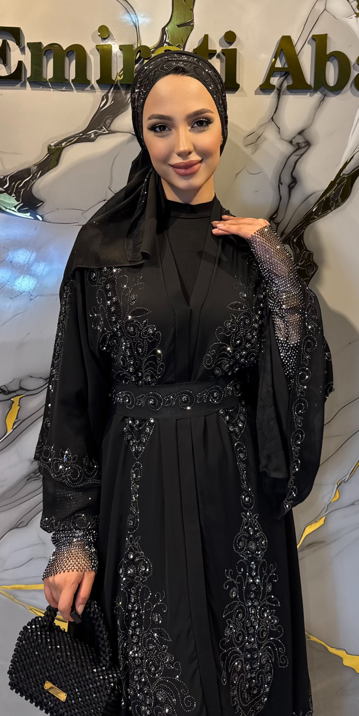 Lüks Çift Katlı Şifon Hematit Taş İşlemeli Abaya LY14 HSB