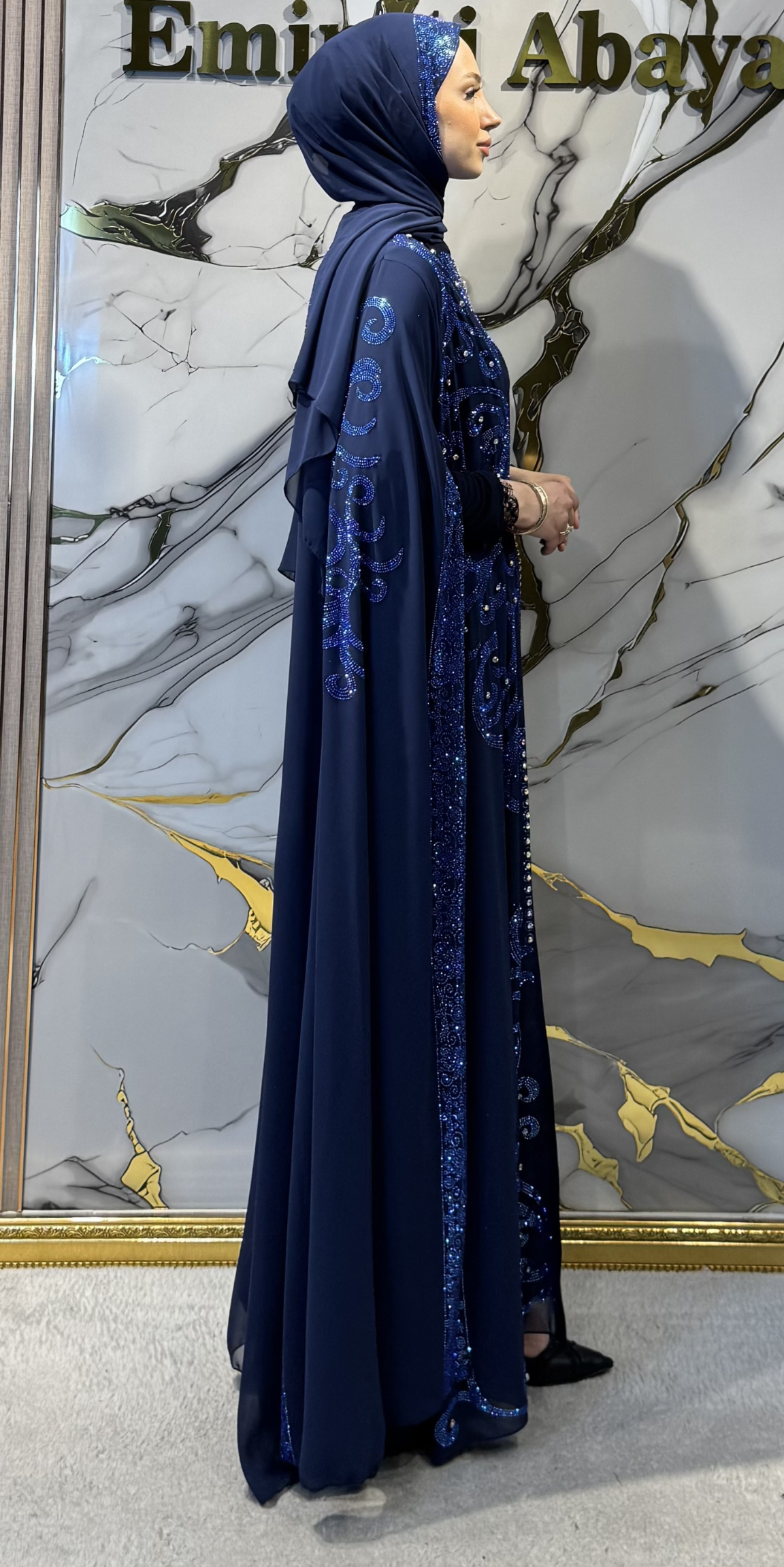 WS73 LSL Lacivert Payetli Cape Kollu Abaya Takımı