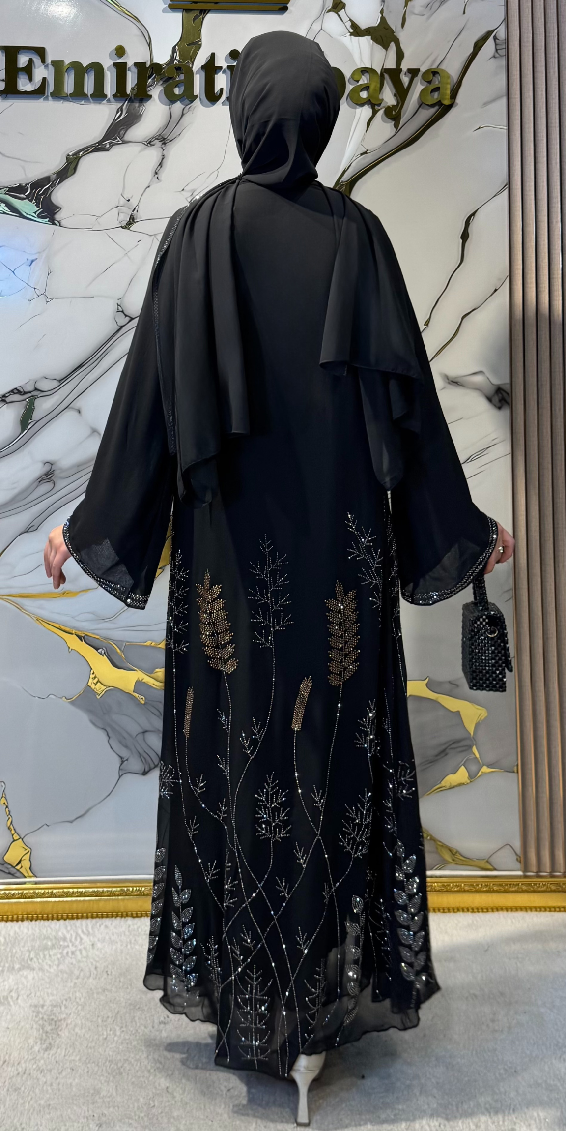 Etekleri Çiçekli Taşlı Şifon Abaya TM094 HSSB