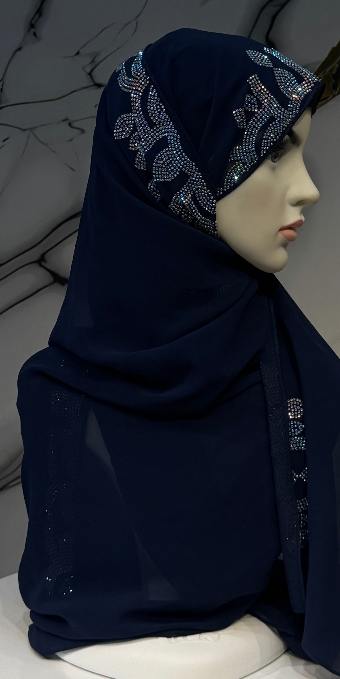 Dal Yaprak Desenli Janjan Taşlı Lacivert Şifon Şal Emirati Abaya | ŞAL43 JSL