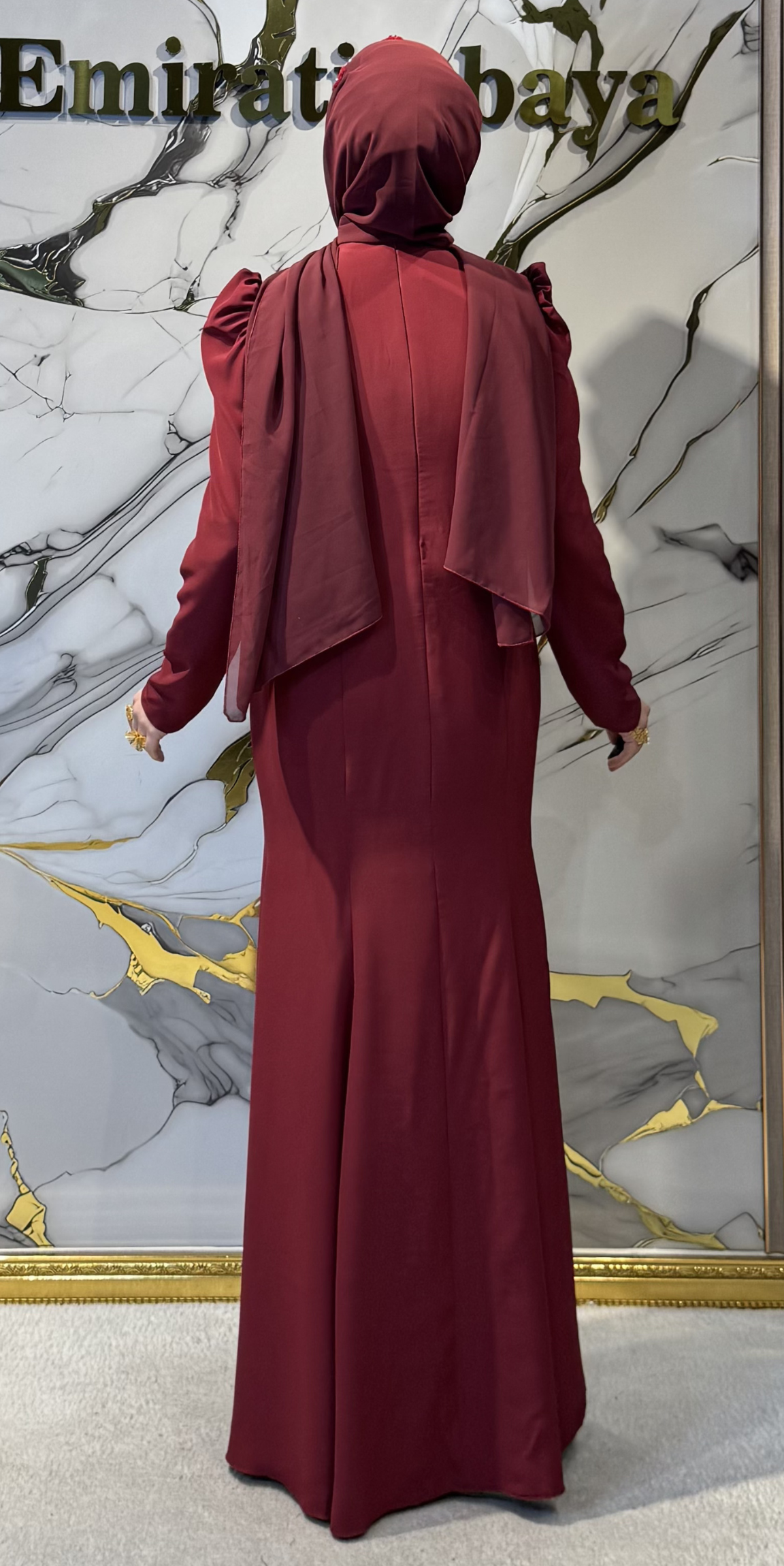 El İşlemeli Beyaz Taşlı Bordo Krep Abaya | EF0033 WS BORDO