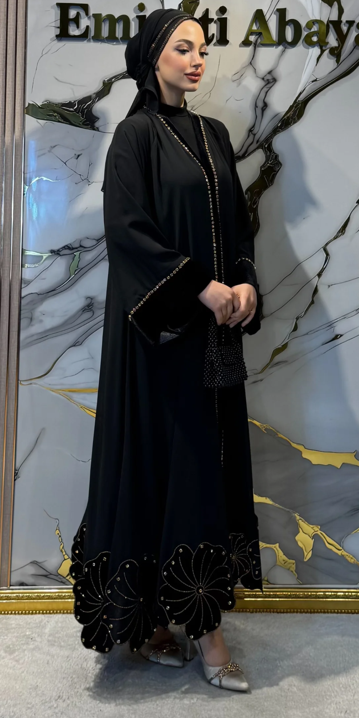 Chiffon and Velvet Combination Floral Patterned Abaya with Gold Stones | WS60 GSB