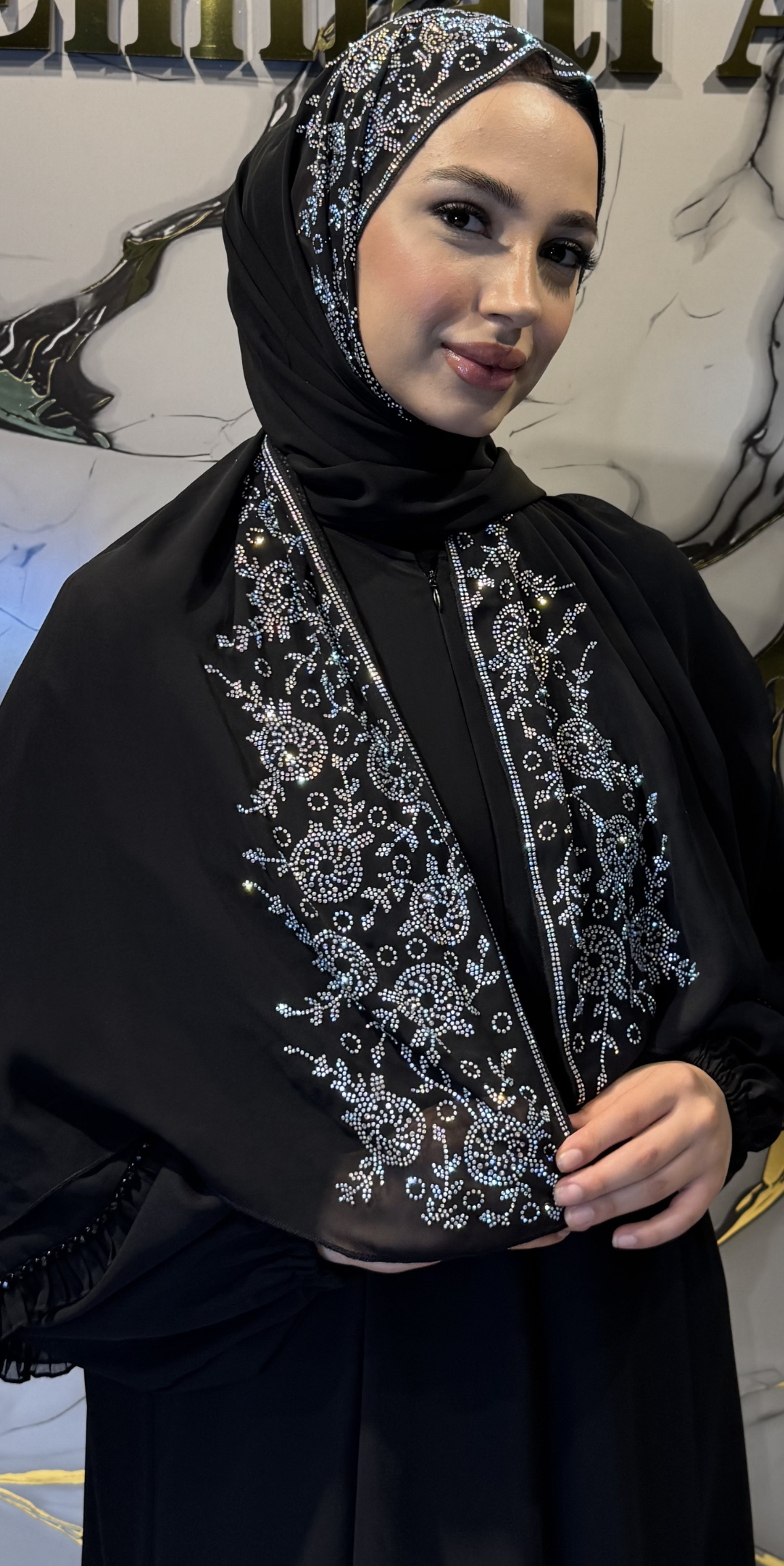 Shimmering and Elegant Chiffon Shawl with White Stone Embellishments on the Edges