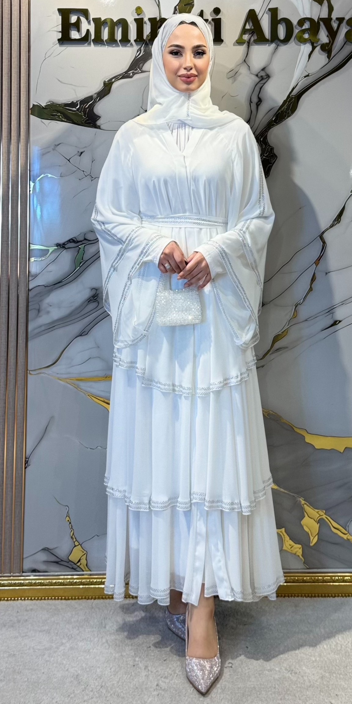 Lüks Beyaz Swarovski Taşlı Üç Katlı Kore Şifon Abaya