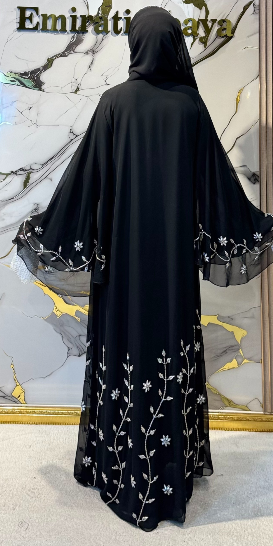 El İşlemeli Taşlı Siyah Şifon Abaya – Şal Hediyeli | EF0035 WSB