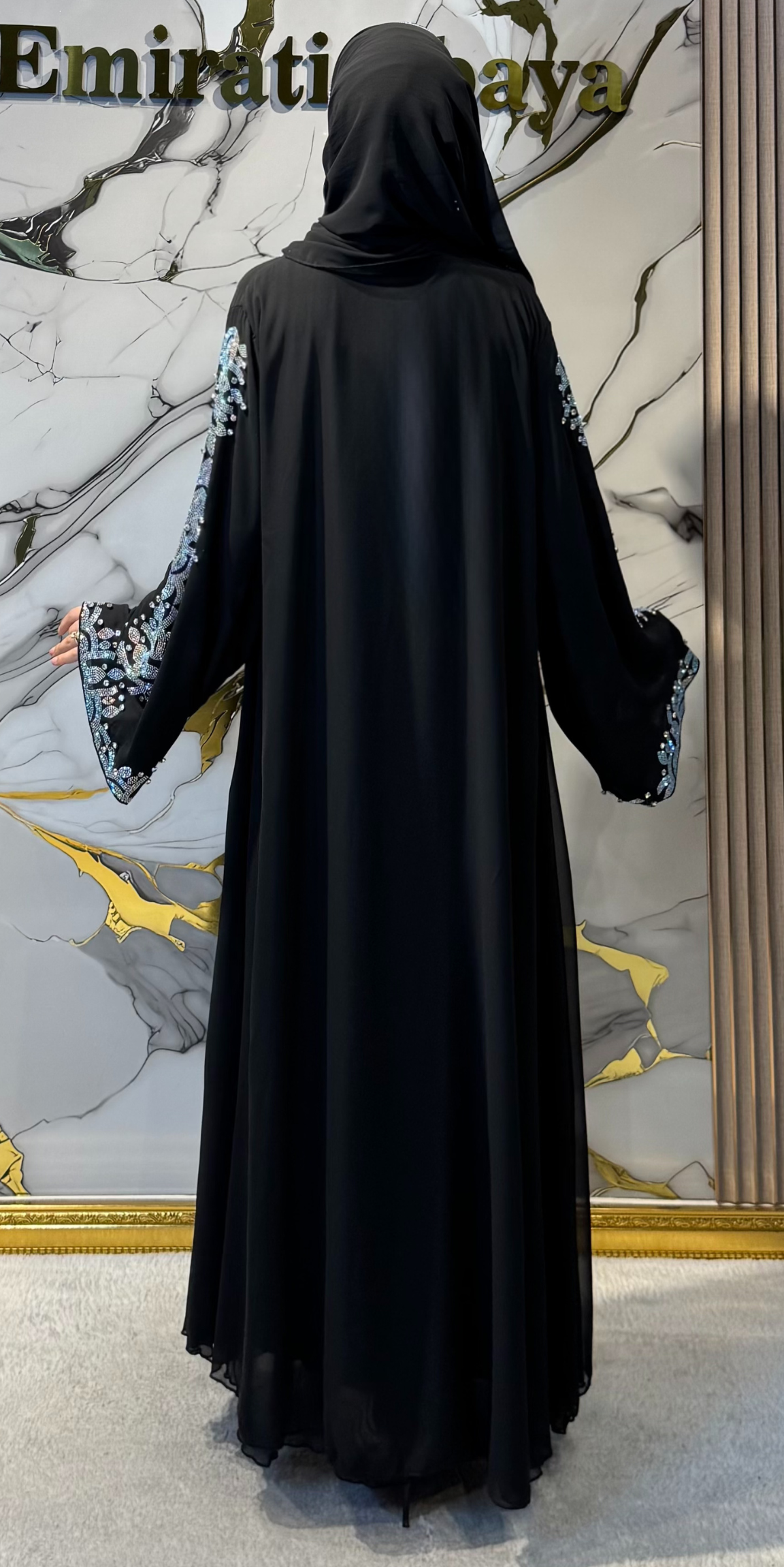 Stylish Black Chiffon Abaya with CanCan Stones on Front and Shoulder to Sleeves