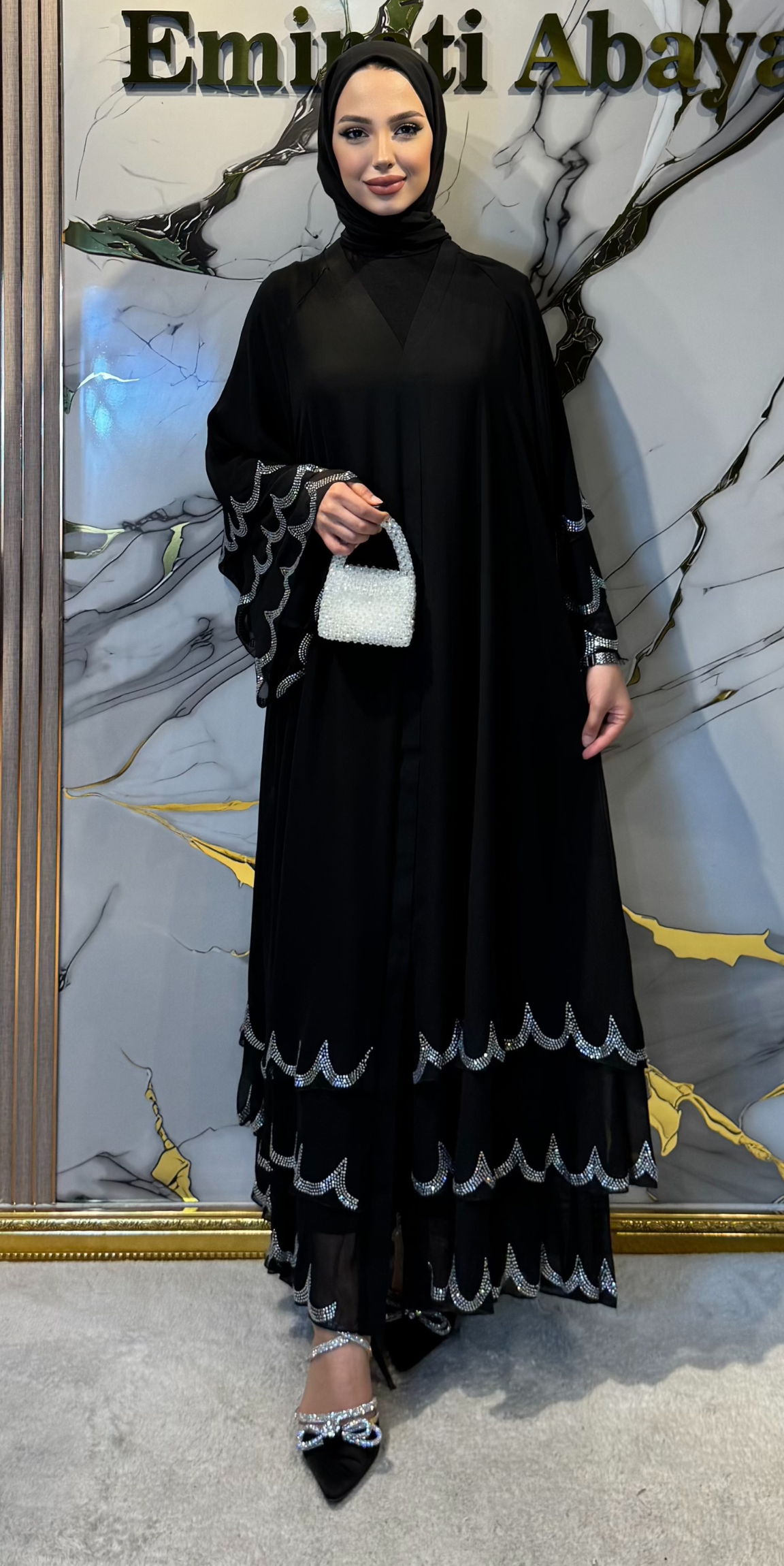 Black Abaya TM23 WSB with Swarovski Crystals on the Hem - Elegant Model Including Shawl