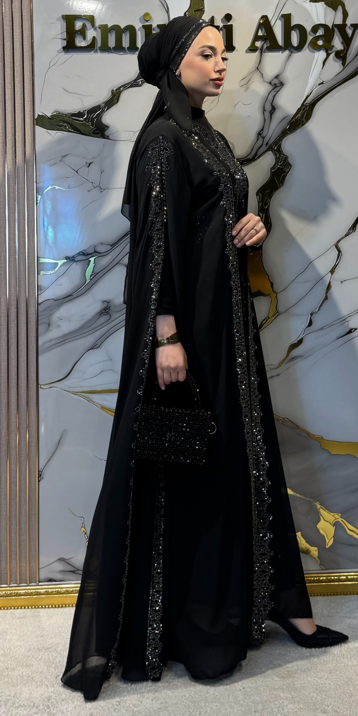 Hematit Taşlı Siyah Şifon Abaya Uzun Kollu 4 Parça Takım LY12 HSB