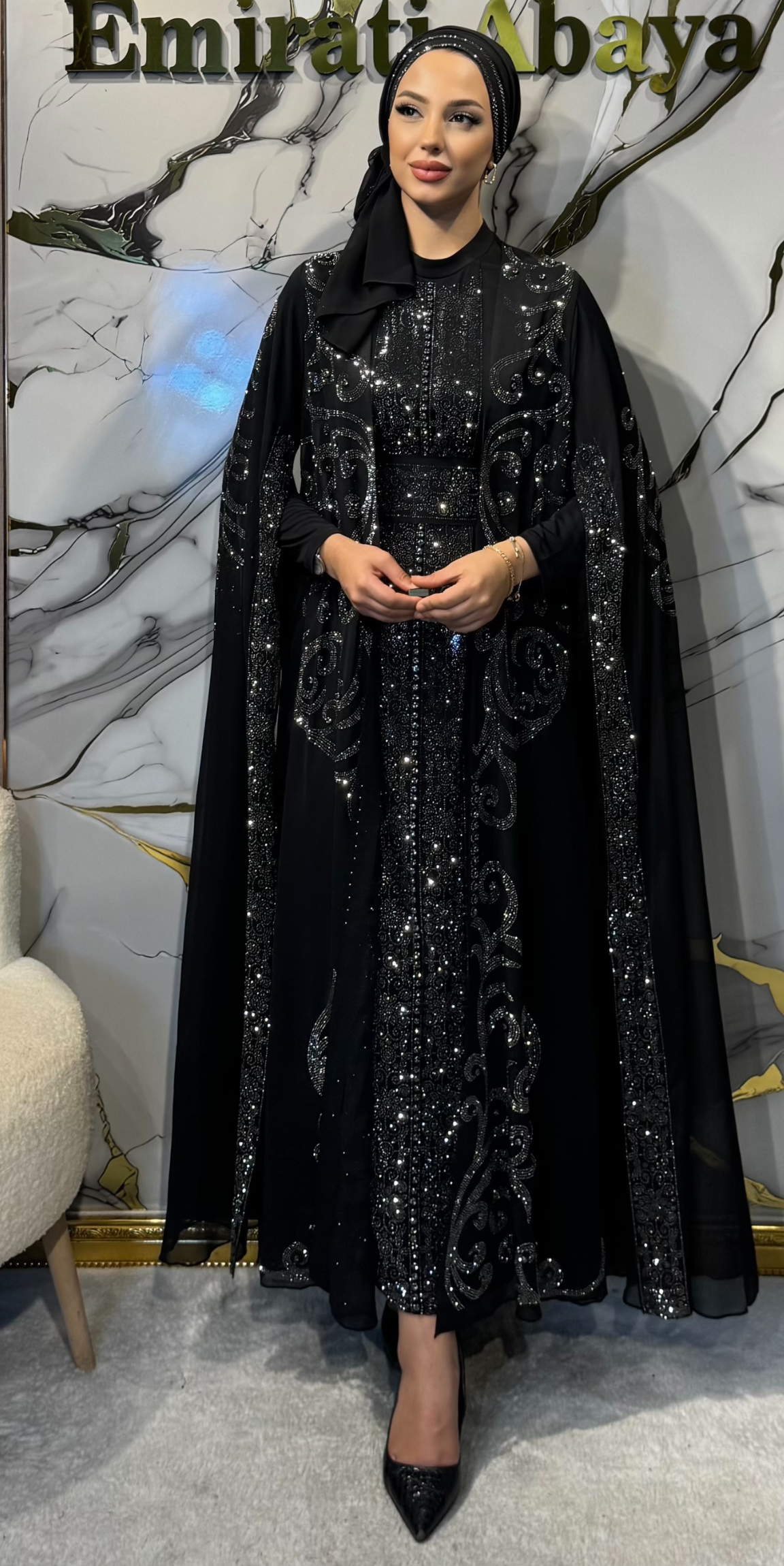 Lüks Hematit Taşlı Cape Kollu Siyah Şifon Yöresel Takım 4 Parça