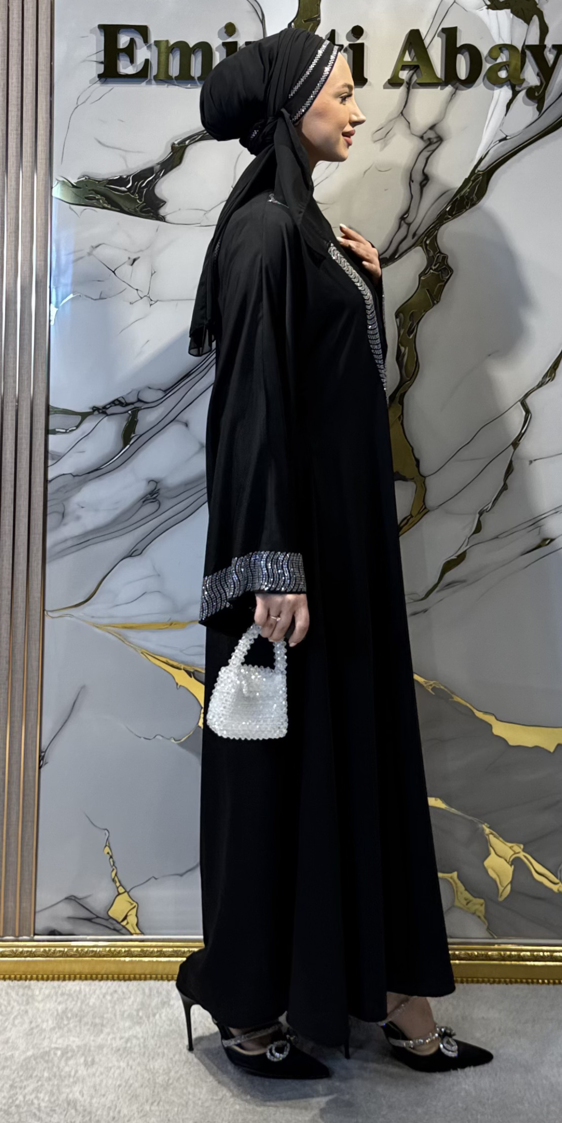 Siyah 3 Parça Yöresel Takım Beyaz Taş İşlemeli Dubai Kumaş Abaya | TM47 WSB