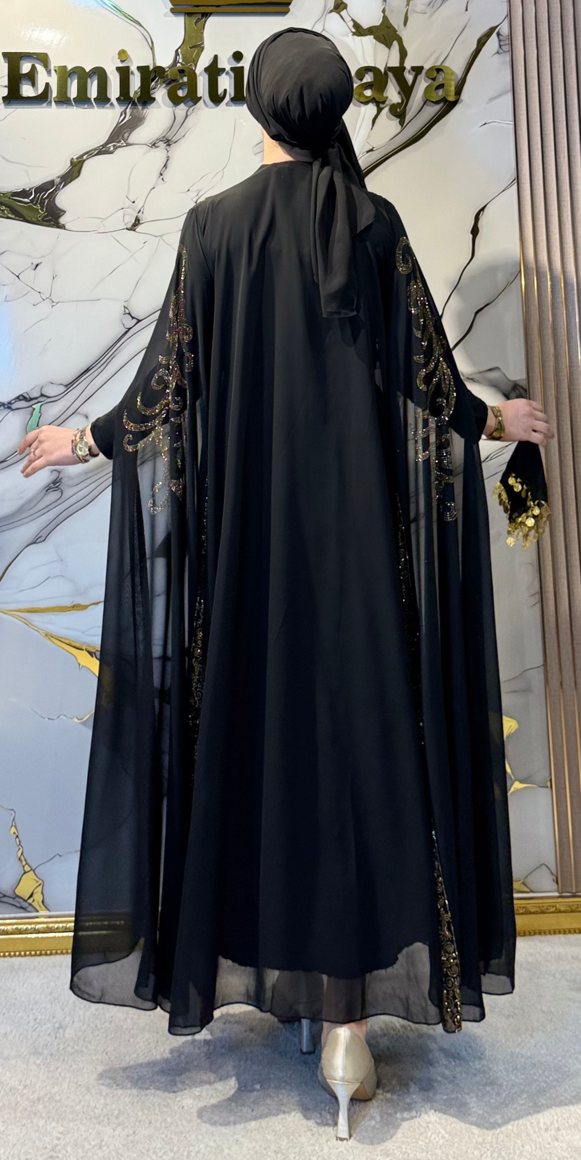 Black and Gold Embellished Long-Sleeved Traditional Chiffon Abaya Set, 4 Pieces
