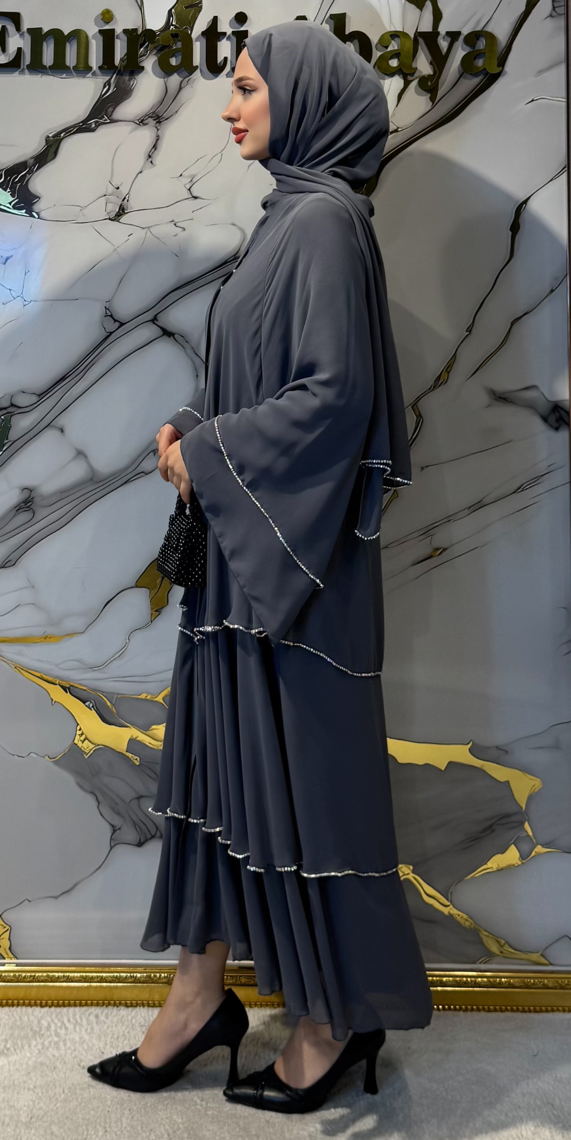 Üç Katlı Swarovski Taşlı Gri Abaya RK011 WSG - Katmanlı Zarif Model