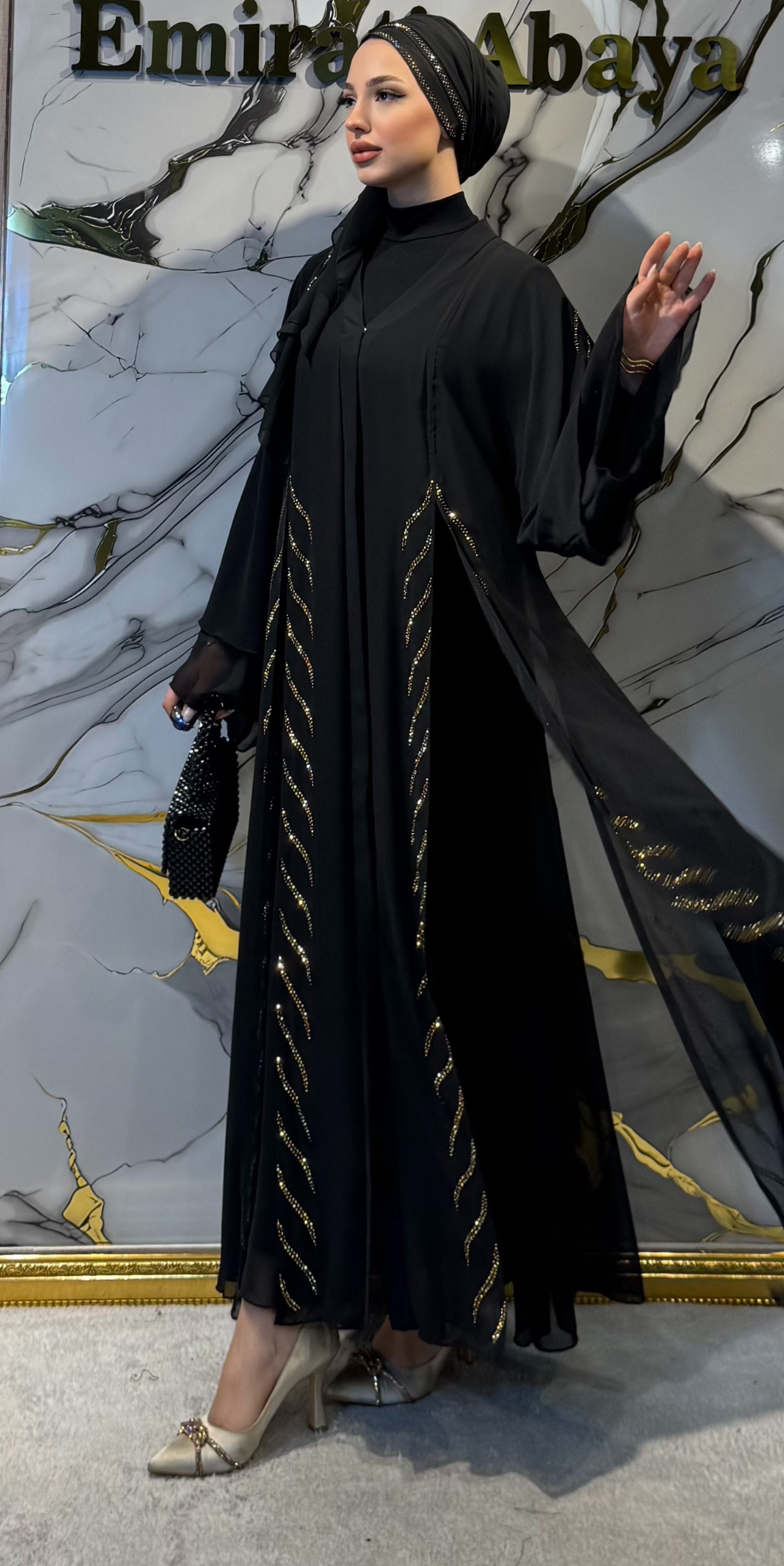Black Abaya with Front Slit and Gold Embellishments - Elegant Chiffon Model TM06 GSB TICK
