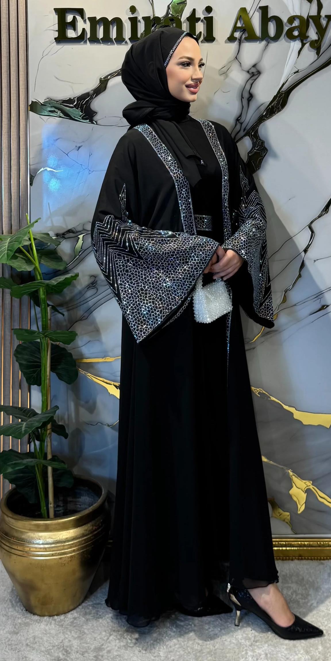 Önü Açık JanJan Taşlı Yöresel Abaya - 4 Parça Set (Şal, Kemer ve İçlik Dahil) Özel Tasarım | TM72 JSB